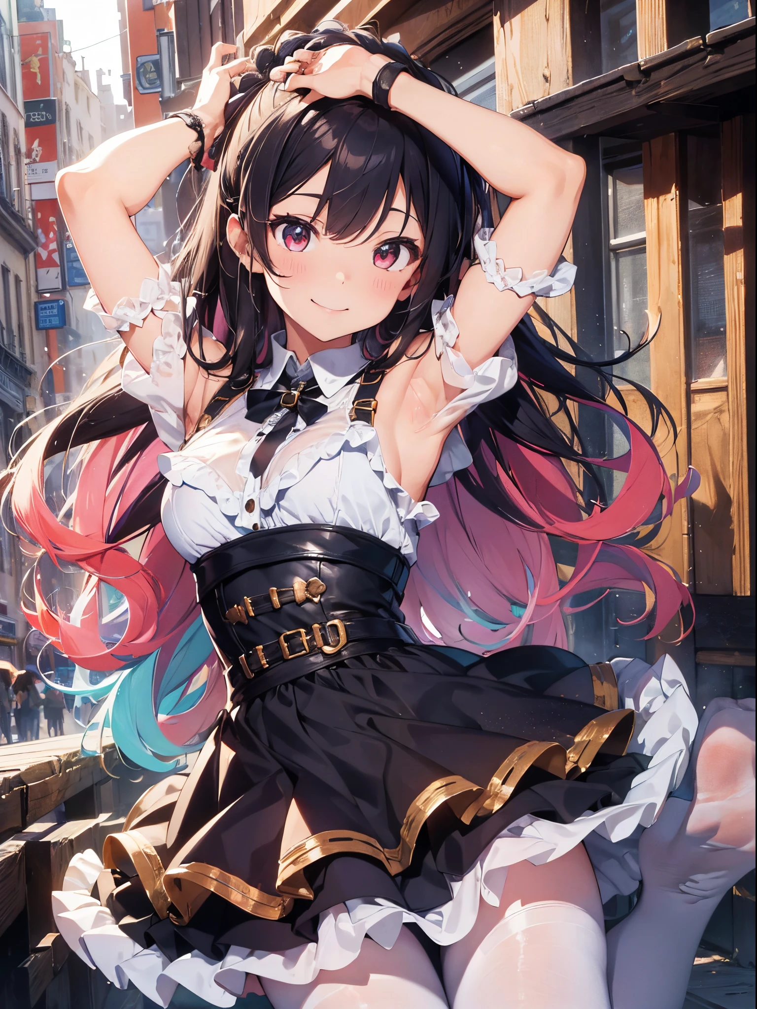 (Best Picture Quality, 4K, High Quality, Masterpiece:1.2), ((Masterpiece)), High Detail, High Quality, (HDR,16k, RAW Beautiful Girl Portrait, Best Picture Quality, Masterpiece::1. 2), (Ultra-Definition Illustration), nsfw, idolmaster, idol costume, teen, spotlight, extremely cute, colorful hair color, sleeveless, detached sleeves, colorful frilled dress, tiara, stage, showing armpits, cheerful, smiling, pantyhose,