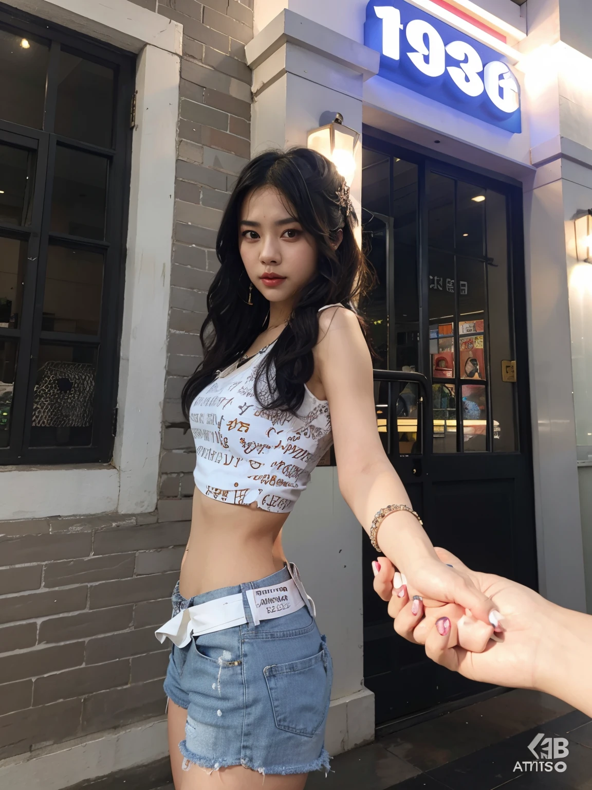 arafed asian woman wearing a white top and blue shorts holding one hand, her belly button is exposed, Tendencias en CGVeStation, Xilaxia de cuerpo completo, ulzzang, Foto de Slim Girl, Chica de anime en la vida real, cruel korean goth girl, Chica coreana, Xintong Chen, Xision Wu, Tendencias en CGVatstation, Llevar un sexy top recortado