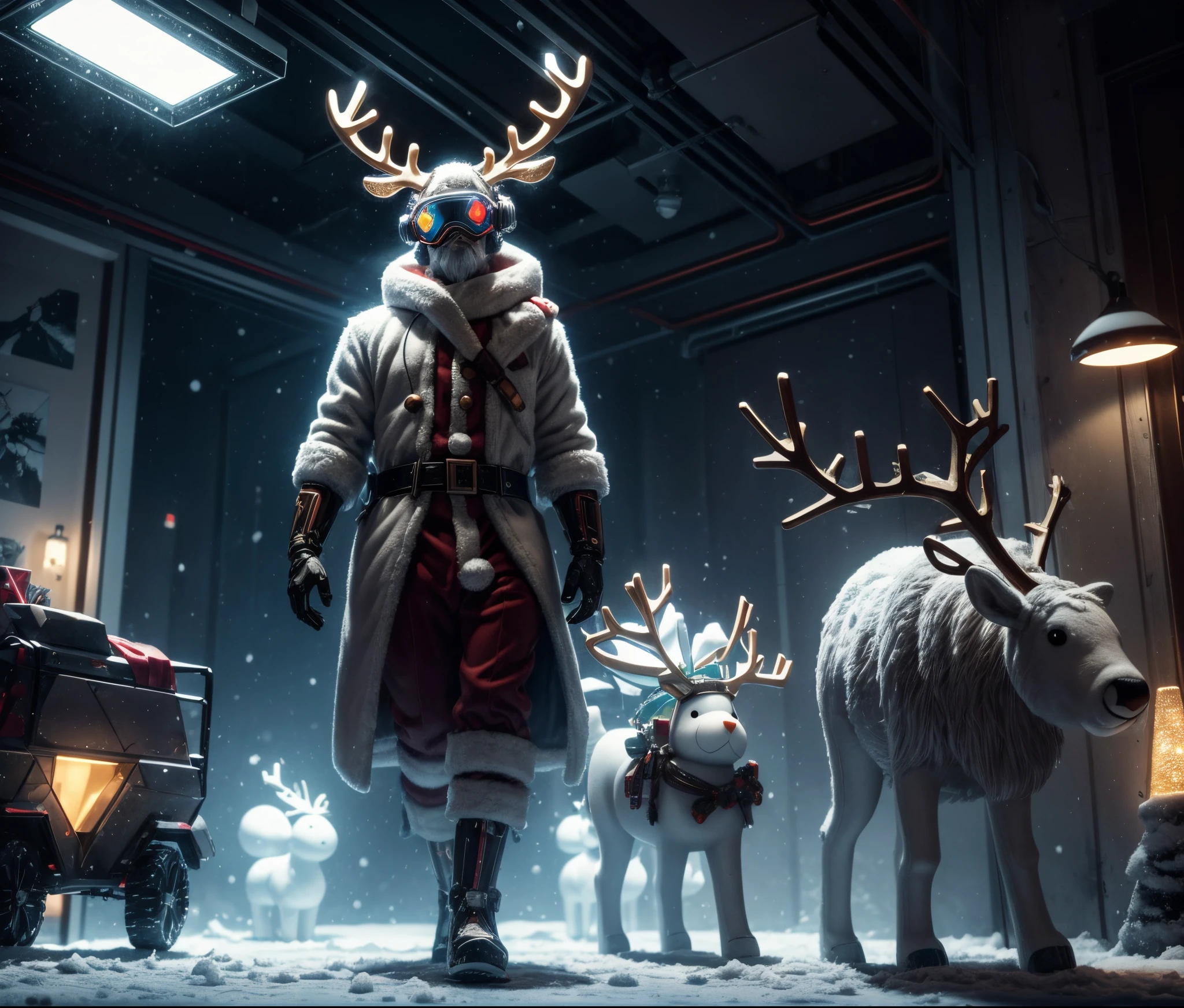 Reindeer, (blind box toy style:1.2), nuttcraker toy, (Full Body Shot) ,  1 Transparent Santa claus, Behind him is a snowman and reindeer, snowflakes, Transparent mecha, Exquisite Helmet:1.2, glowing goggles:1.2, Cyberpunk, Dreamy Glow, Luminous neon lamp, clean, white background, ( Global illumination, raytracing, HDR, unreal render,reasonable design, high detailed, masterpiece, best quality, UHD, Cinematic Lighting)