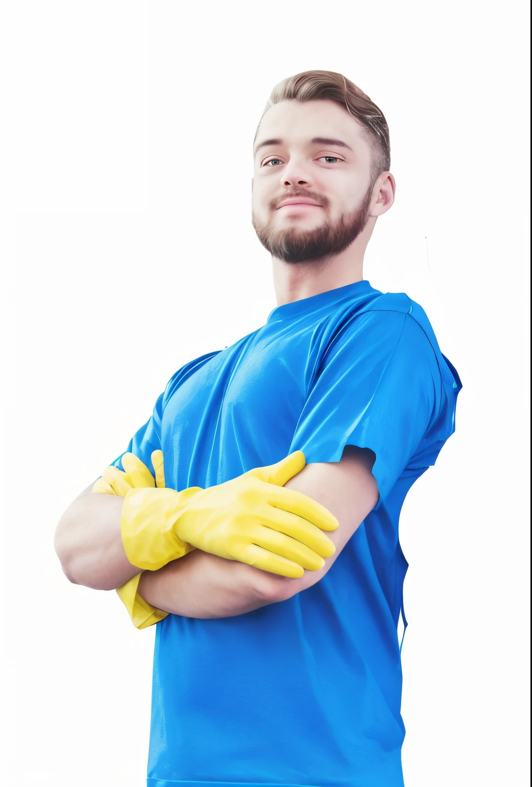 a man in a blue shirt and yellow gloves is posing for a photo, profissional, muito profissional, imagem limpa, Super Detalhe, imagem mais limpa, bordas limpas, limpar detalhado, Ad image, design liso, limpo, varredura profissional de alta qualidade, hiper detalhado, Man, limpar brilhante feliz, Detalhe de alta qualidade, usando luvas, vestindo uniforme de encanador, clean post process