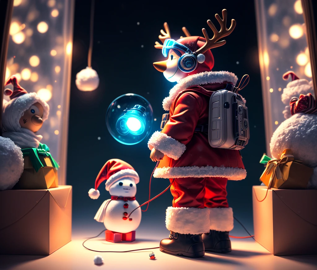 Reindeer, (blind box toy style:1.2), nuttcraker toy, (Full Body Shot) ,  1 Transparent Santa claus, Behind him is a snowman and reindeer, snowflakes, Transparent mecha, Exquisite Helmet:1.2, glowing goggles:1.2, Cyberpunk, Dreamy Glow, Luminous neon lamp, clean, white background, ( Global illumination, raytracing, HDR, unreal render,reasonable design, high detailed, masterpiece, best quality, UHD, Cinematic Lighting)