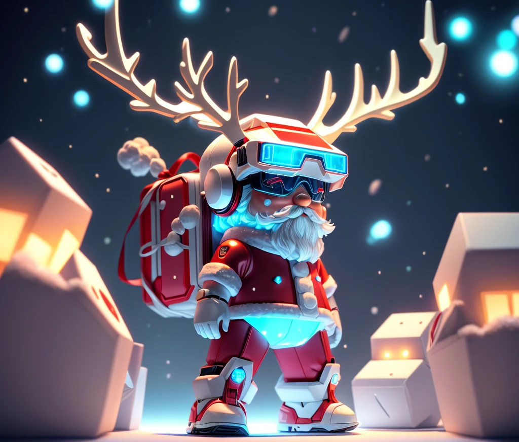 Reindeer, (blind box toy style:1.2), nuttcraker toy, (Full Body Shot) , 1 Transparent Santa claus, Behind him is a snowman and reindeer, snowflakes, Transparent mecha, Exquisite Helmet:1.2, glowing goggles:1.2, Cyberpunk, Dreamy Glow, Luminous neon lamp, clean, white background, ( Global illumination, raytracing, HDR, unreal render,reasonable design, high detailed, masterpiece, best quality, UHD, Cinematic Lighting)