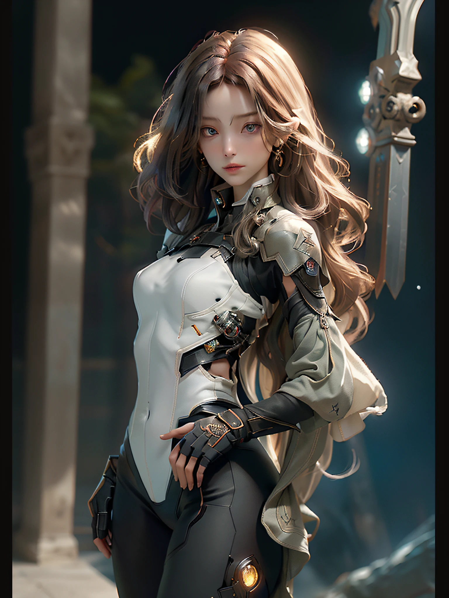 masterpiece, high quality, 3d, 8k cg, intricate details, detailed background, sacred. ornaments, byDylanKowalski, ((1girl)), upper body, muscular, skindentation, looking to the side, short hair, prosthesis, mechanical arms, synthetic skin, porcelain, pearl, holographic, titanium, diamond, ruby, sapphire, gemstones, clockwork, grunge, worn edges, armor,