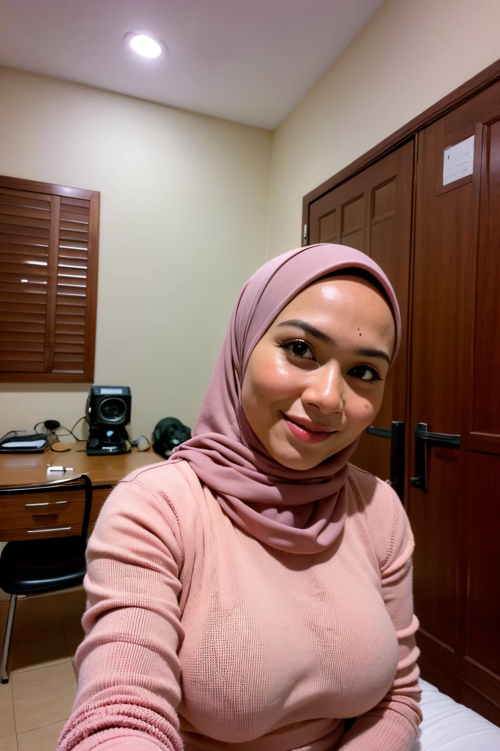 1 malay girl , (modern plain cream hijab) , smile, medium portrait shot , watery eyes , (( gamis malay )), ((bra)),white modern hotel bedroom background, bright front light, breast grab pose, ((big tits:1.5)) , ((excessive cum:1.0)), , ((( milf))) , ((detailed pink nipple)) , ((selfie)) , sleep on the bed