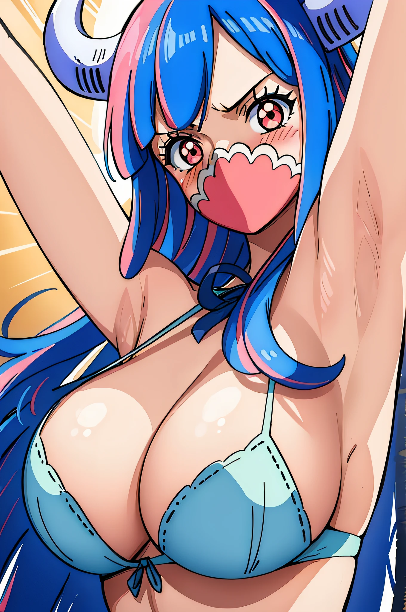 (masterpiece, best quality:1.4), cinematic light, colorful, high contrast, (1girl), UltiOP, onepieceanime, ((large breasts)), multicolored hair, long hair, blue hair, pink hair, bangs, horns, blush, armpits, night, blue bikini