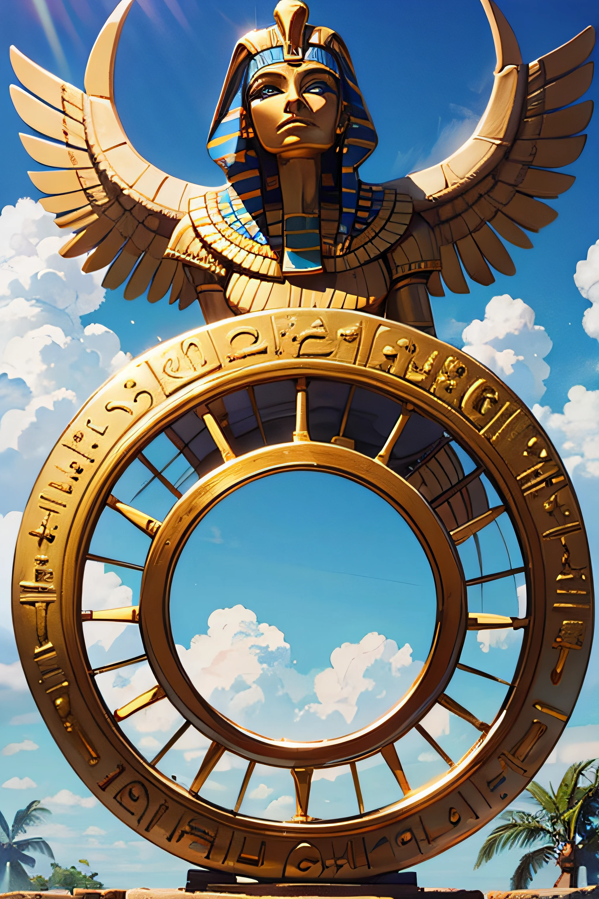 white clouds, Blue Sky, wheel of fortune, gold, Egyptian letters