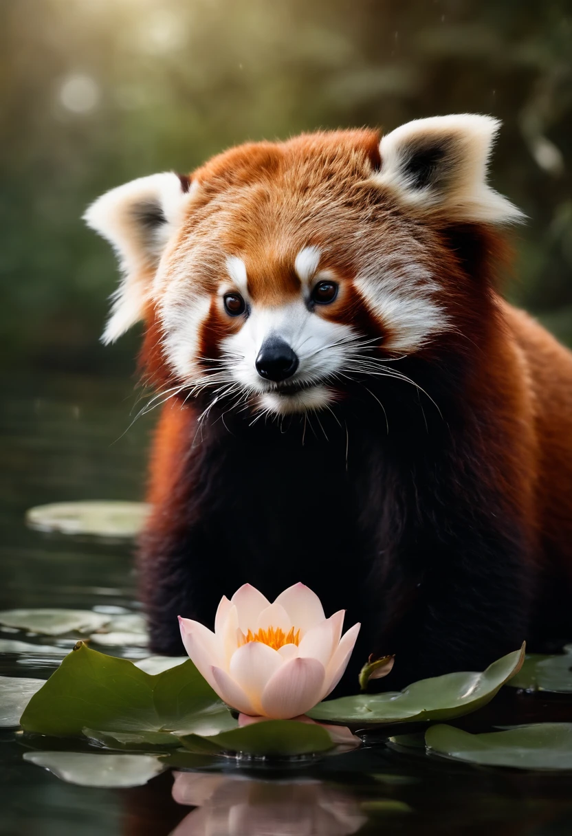 red panda,lotus flower,floating,halo of light,heart,musical notes,artistic,porcelain texture,ultra-detailed,ethereal,harmonious color palette,fantasy lighting,soft focus,serene atmosphere,maestro presence,whimsical,peaceful