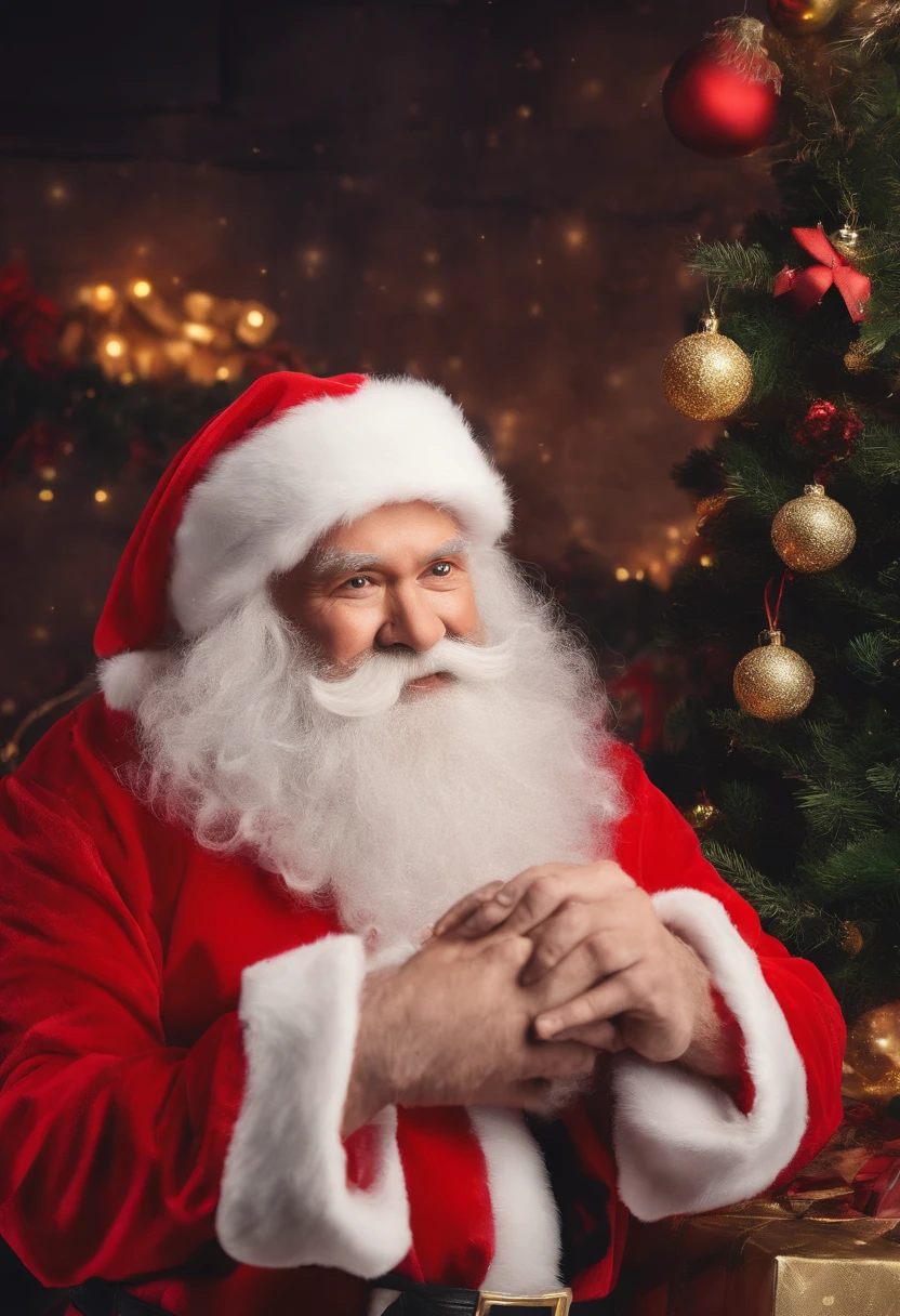 An elder,White beard and white mustache hat,Wearing red Christmas clothes and Christmas hat。 Clear facial features:Santa Claus’s eyes are bright and energetic,ruddy nose,The lips are clearly contoured。 HD picture:The image is of high quality,Details are clearly visible,vibrant with colors。 Give gifts:Santa Claus holding a big red bag,It's filled with all kinds of beautiful gifts,He is smiling and handing gifts to the children。 Scenes:Santa Claus is in a warm living room,Fireplace visible、Christmas tree and shining lights,adding to the festive ambiance、In this high-definition picture,The image of Santa Claus comes to life。Santa Claus’s facial features are clearly visible:His bright and expressive eyes reveal warmth and kindness,The rosy nose exudes a rosy glow,while chiseled lips radiate a smile。The image is of high quality,Every detail is clearly visible,Bright colors make the whole scene more vivid style film and television