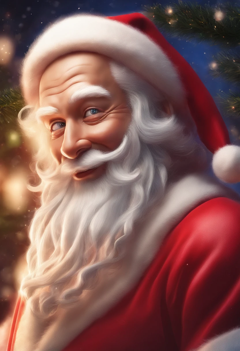 An elder,White beard and white mustache hat,Wearing red Christmas clothes and Christmas hat。 Clear facial features:Santa Claus’s eyes are bright and energetic,ruddy nose,The lips are clearly contoured。 HD picture:The image is of high quality,Details are clearly visible,vibrant with colors。 Give gifts:Santa Claus holding a big red bag,It's filled with all kinds of beautiful gifts,He is smiling and handing gifts to the children。 Scenes:Santa Claus is in a warm living room,Fireplace visible、Christmas tree and shining lights,adding to the festive ambiance、In this high-definition picture,The image of Santa Claus comes to life。Santa Claus’s facial features are clearly visible:His bright and expressive eyes reveal warmth and kindness,The rosy nose exudes a rosy glow,while chiseled lips radiate a smile。The image is of high quality,Every detail is clearly visible,Bright colors make the whole scene more vivid style film and television
