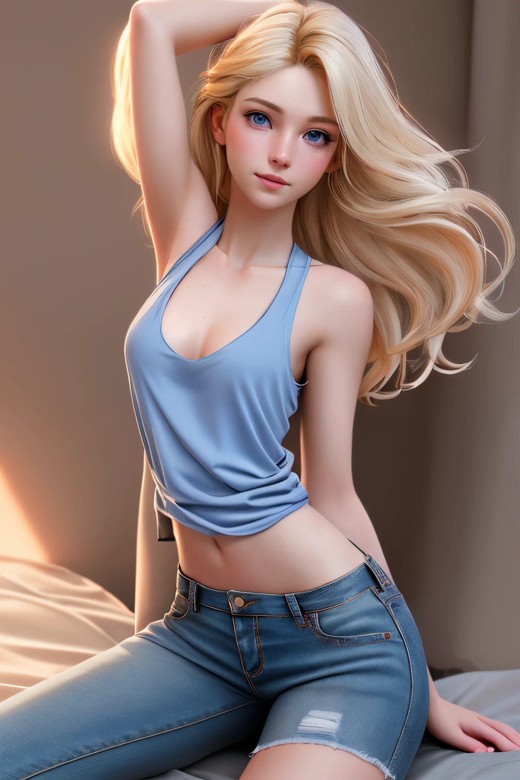 8K, Best Quality, Real Image, Complex Detail, Super Detail, Ultra High Definition, Depth Field, (Photorealistic, Real: 1.2), Masterpiece, Good Hand, HDTV, 1girl, (Korean K-pop Idol), White Lingerie, Fine Detail Skin, Sharp Focus, (Movie Lighting), Realistic Shadows, Morning, Backlight, Dynamic Pose, :(Face Details: 1.2): 0.2], Armpit Wrinkles, Thigh Gaps, Slender, Medium Breasts, Breasts, Full Body, Lipstick, Blue Eyes, Real Eyes, Realistic Nose, Sauce, Blonde Hair, Disheveled Hair, Cardigan, Eyes