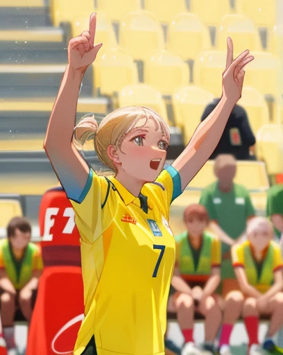 beautiful woman in yellow shirt arms up in the air after a goal playing soccer in front of a crowd, aleksandra waliszewska, sanja stikovic, daniela uhlig, magdalena radziej, kirsi salonen, mina petrovic, martina fackova, johannen voss, ewa juszkiewicz, dasha taran, sofya emelenko