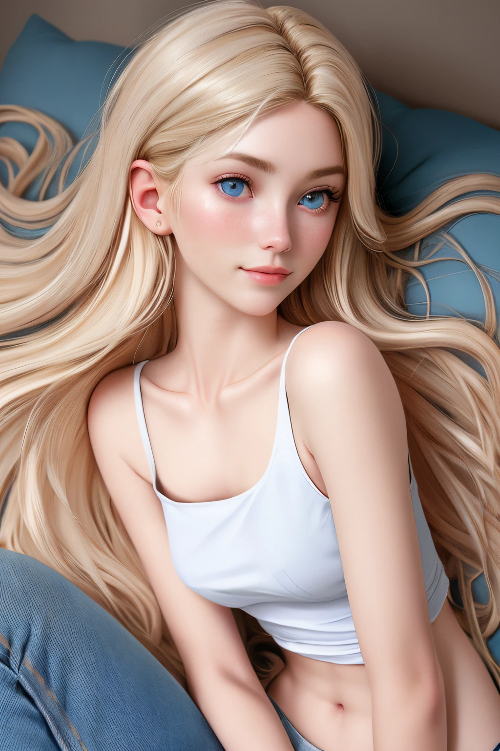 close up 1girl in, 19yo, Solo, Aesthetic artwork, blond, straight blonde hair, super long blonde hair, light blue eyes,  some small freckles, pale skin, A-cup, small breasts, runners body, (thin hips, thin waist: 1.25), detailed skin, shy smile, (laying down: 1.25), wearing a red low cut t-shirt, deep neck, wearing ripped blue jeans, 50mm, 4k textures, soft cinematic light, RAW intricate, elegant, highly detailed, sharp focus, ((((cinematic look)))), soothing tones, insane details, intricate details, hyperdetailed, low contrast, soft cinematic light, dim colors, exposure blend, hdr, faded