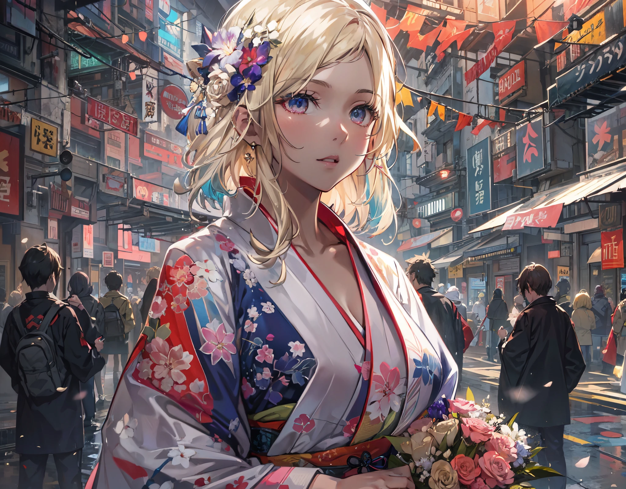 masterpiece, concept art, illustration, centered, front view, a pretty girl holding a bunch of flowers on a city street, kimono, cyberpunk art, by WLOP, featured on pixiv, close up of a young anime girl, blonde hair, wearing a kimono, detailed droplets, detailed dress and face, piercing clear eyes, epic composition, epic proportion, Vibrant color, HD,