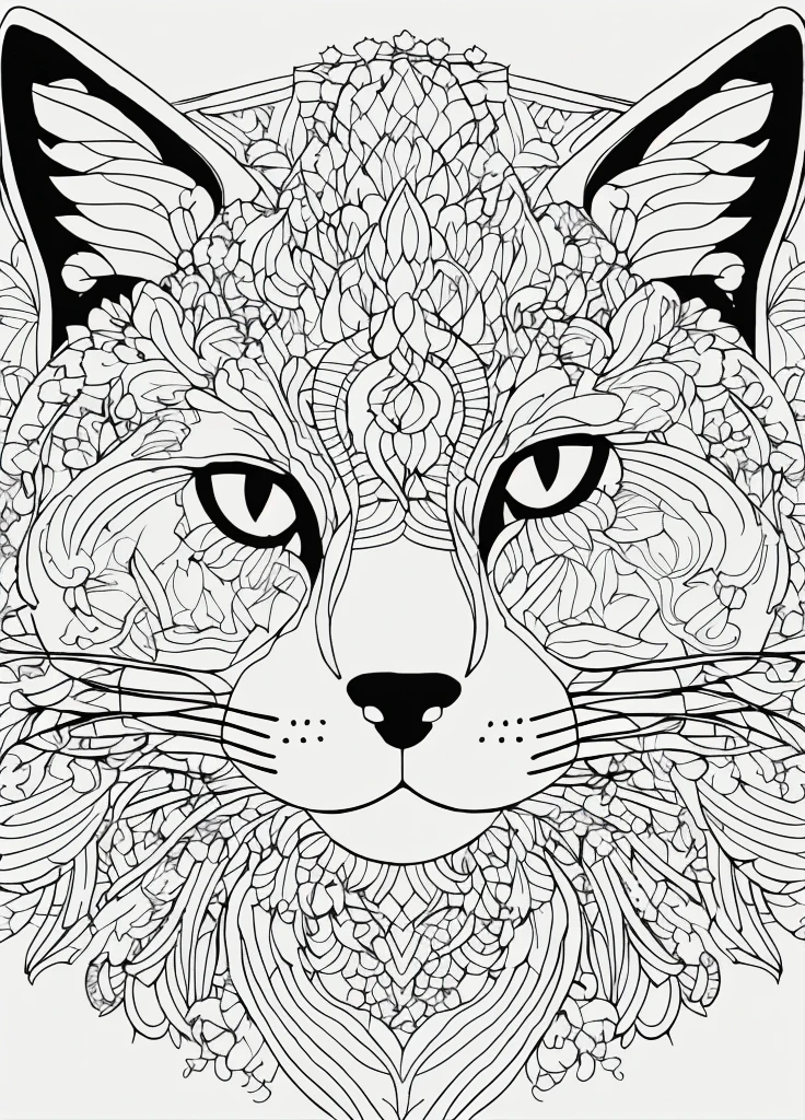a black and white drawing of a cat with a floral pattern on its face, gato detalhado, line art colouring page, coloring book page, bola lineart, anthropomorphic lynx, animal altamente detalhado, Linework altamente detalhado, arte de linha hiper detalhada, Lineart Behance HD |, colouring - in sheet, Desenho de Desenho para colorir, line art illustration, Linha - Arte