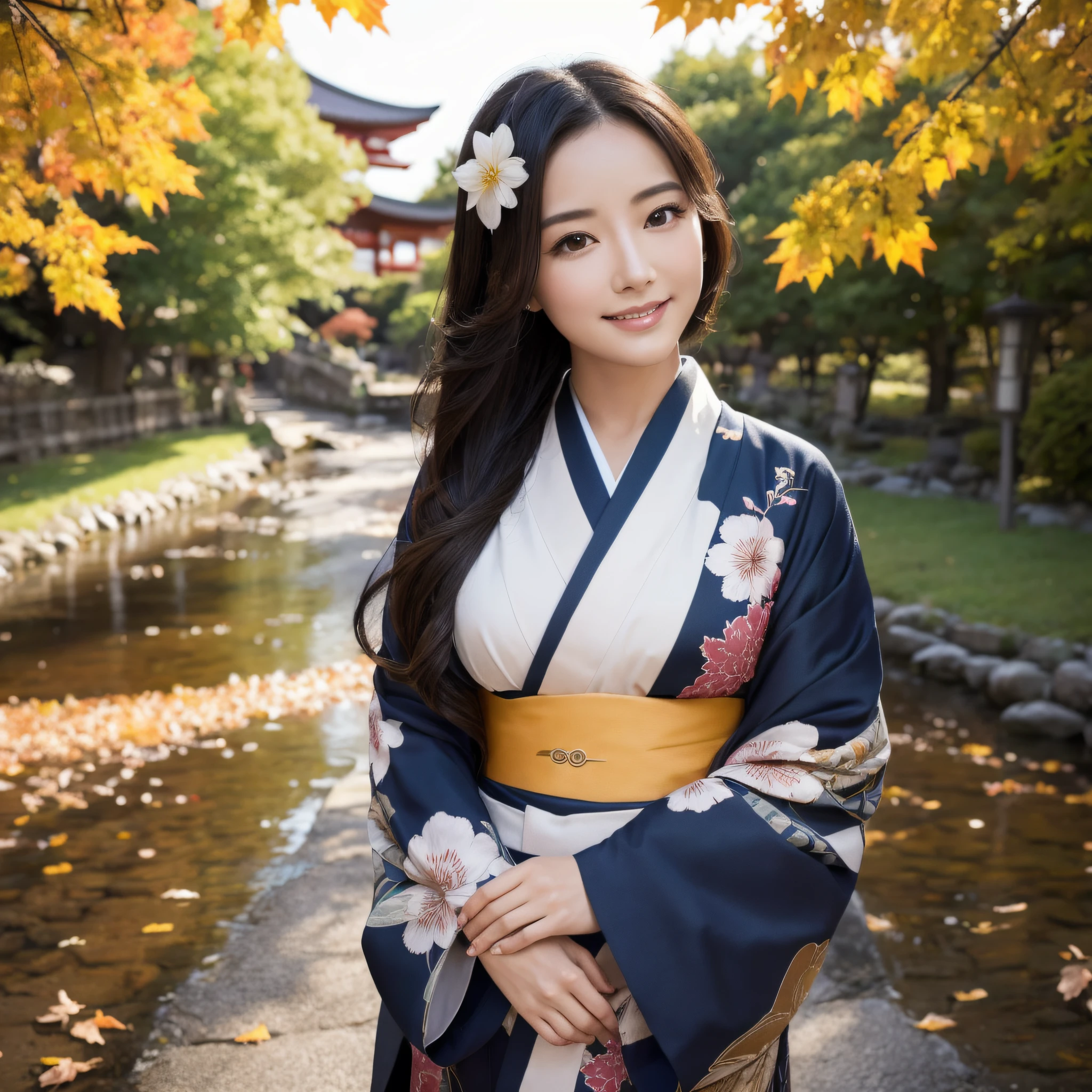 (Super beautiful woman in kimono)、((best qualtiy、8k masterpieces:1.3))、foco nítido:1.2、(ultra beautiful faces:1.0)、(shinny skin:1.0)、photos realistic、A dark-haired、Video Lighting、High-definition eyes and face、Video Lighting、Japanese actressl、from the front side、medium breasts、With a happy smile、wearing kimonos、Under the autumn leaves、Obi
