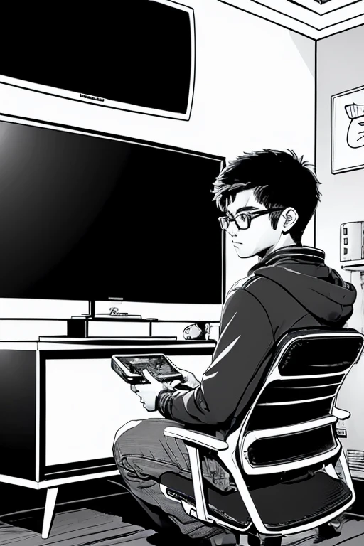((((estilo quadrinhos))), (((vetor))), (((lineart))), a teenage boy with glasses playing video games in front of a large television
