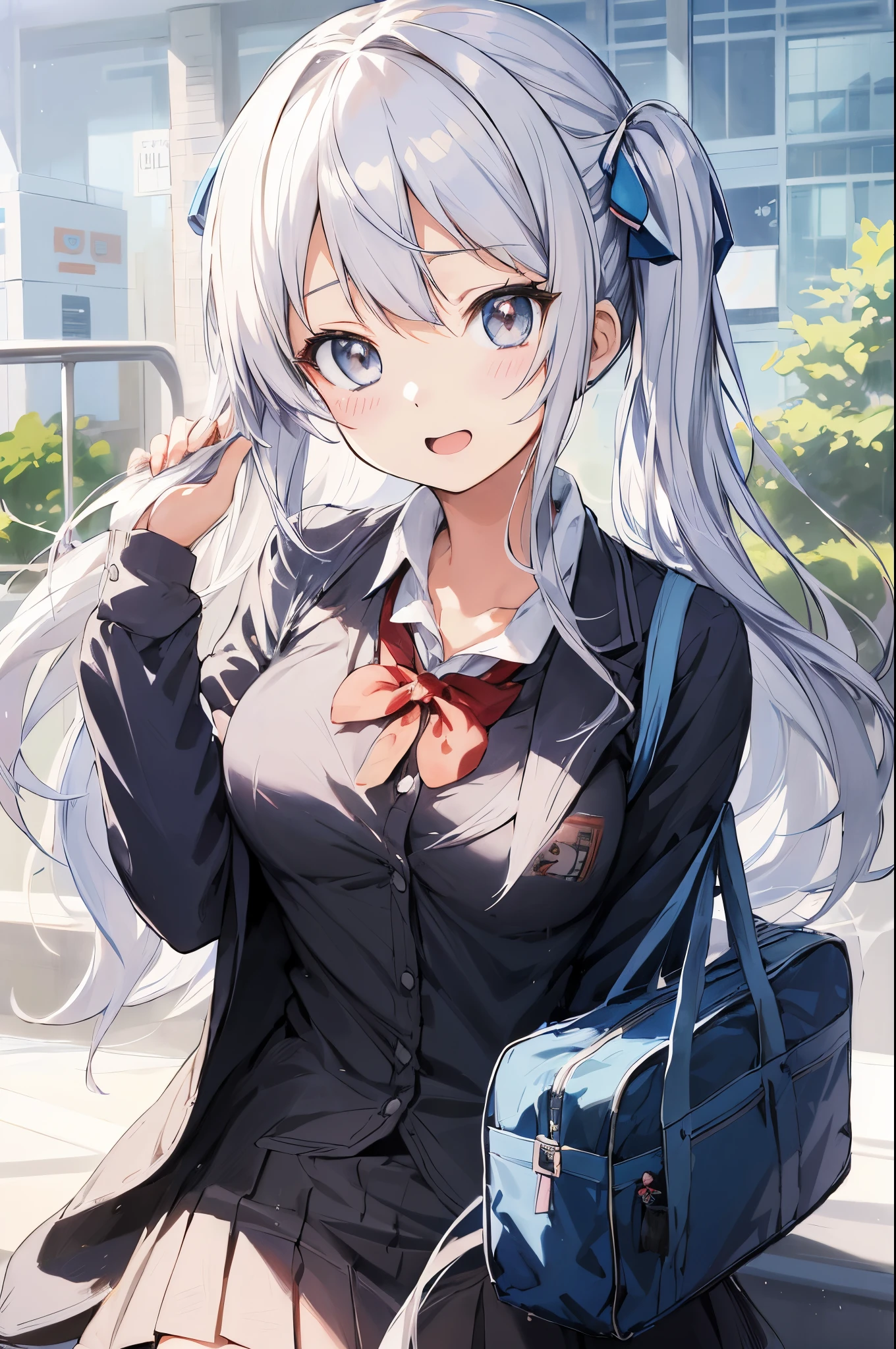 cute girl, アニメ, silver hair, Blue eyes, feel shy, cute, (young:1.2), side shot, cowboy shot, white school uniform, morning, school zone, smile, blue skirt, strong wind, (white lace pantie:1.2), (open leg:1.3), ローアングル