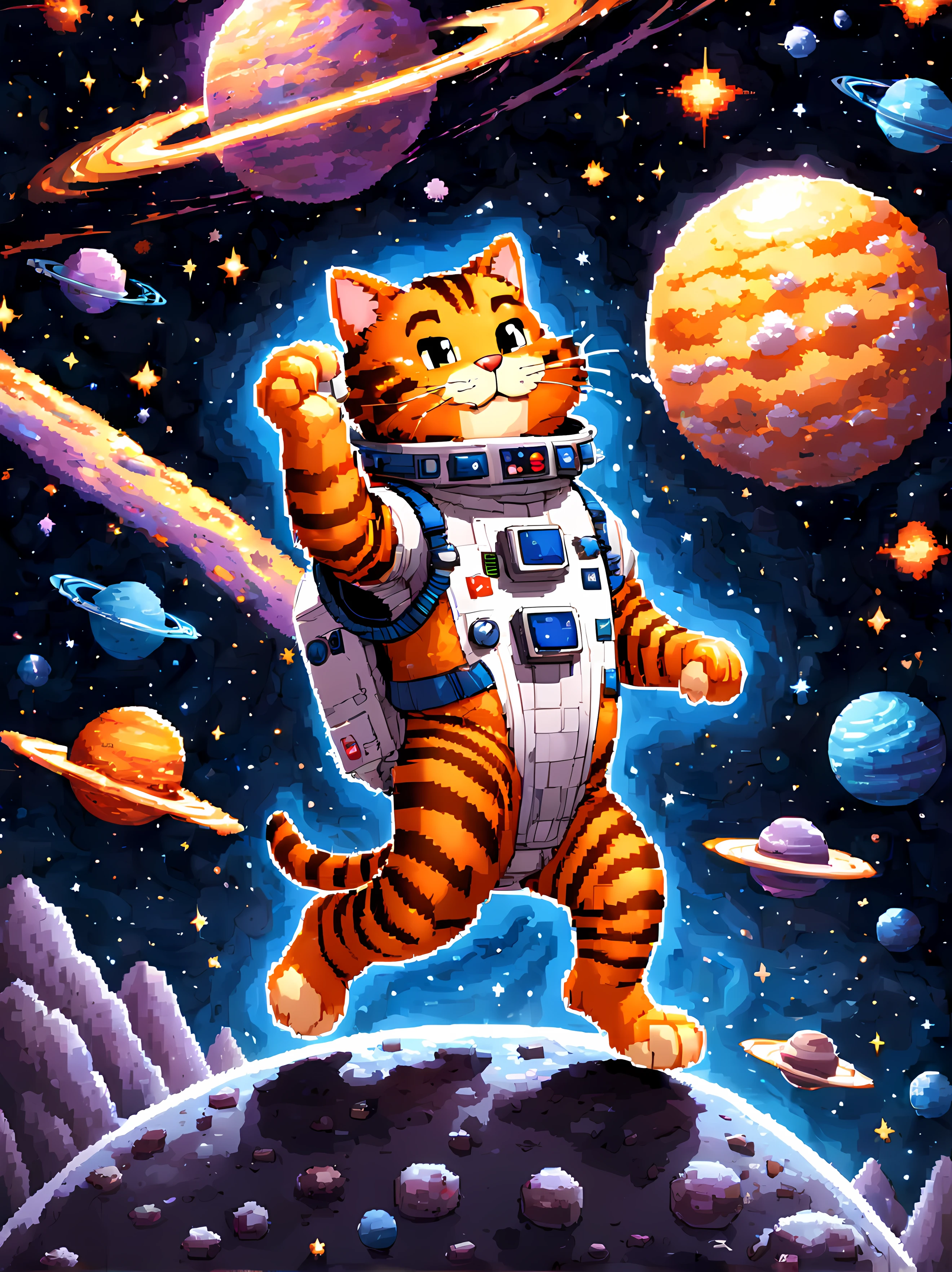 (pixel art:1.3), (solo:1.3), the iconic tabby ((Garfield)) wearing a sleek ((spacesuit)), finds himself floating weightlessly amidst a breathtaking scene of stars and galaxies, with his suit shimmering with cosmic patterns, he gracefully navigates through the vastness of space, surrounded by celestial wonders