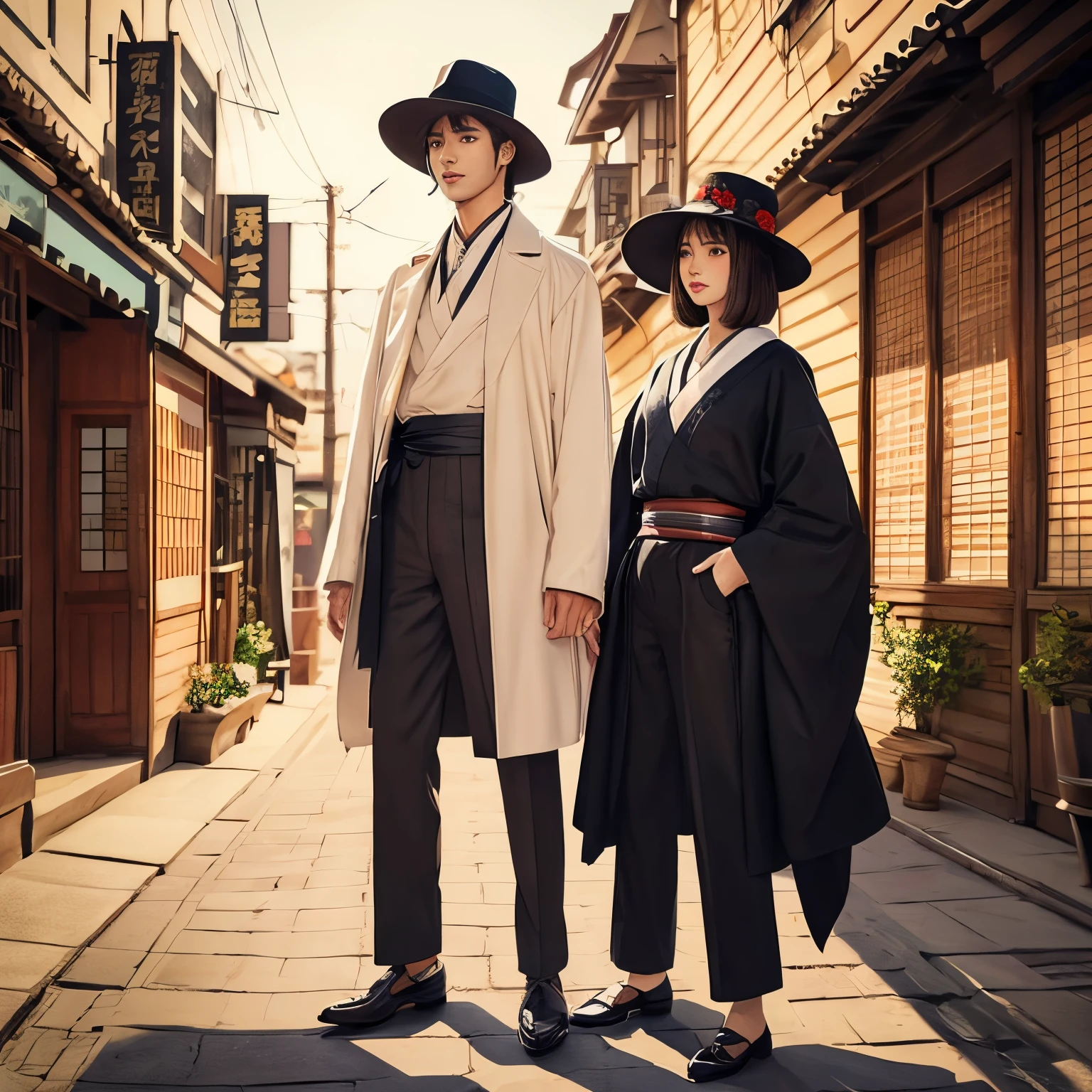 Taisho period style 1人 male people Sanpaku eyes full body illustration A dark-haired short-haired shirt and kimono Cancan hat
