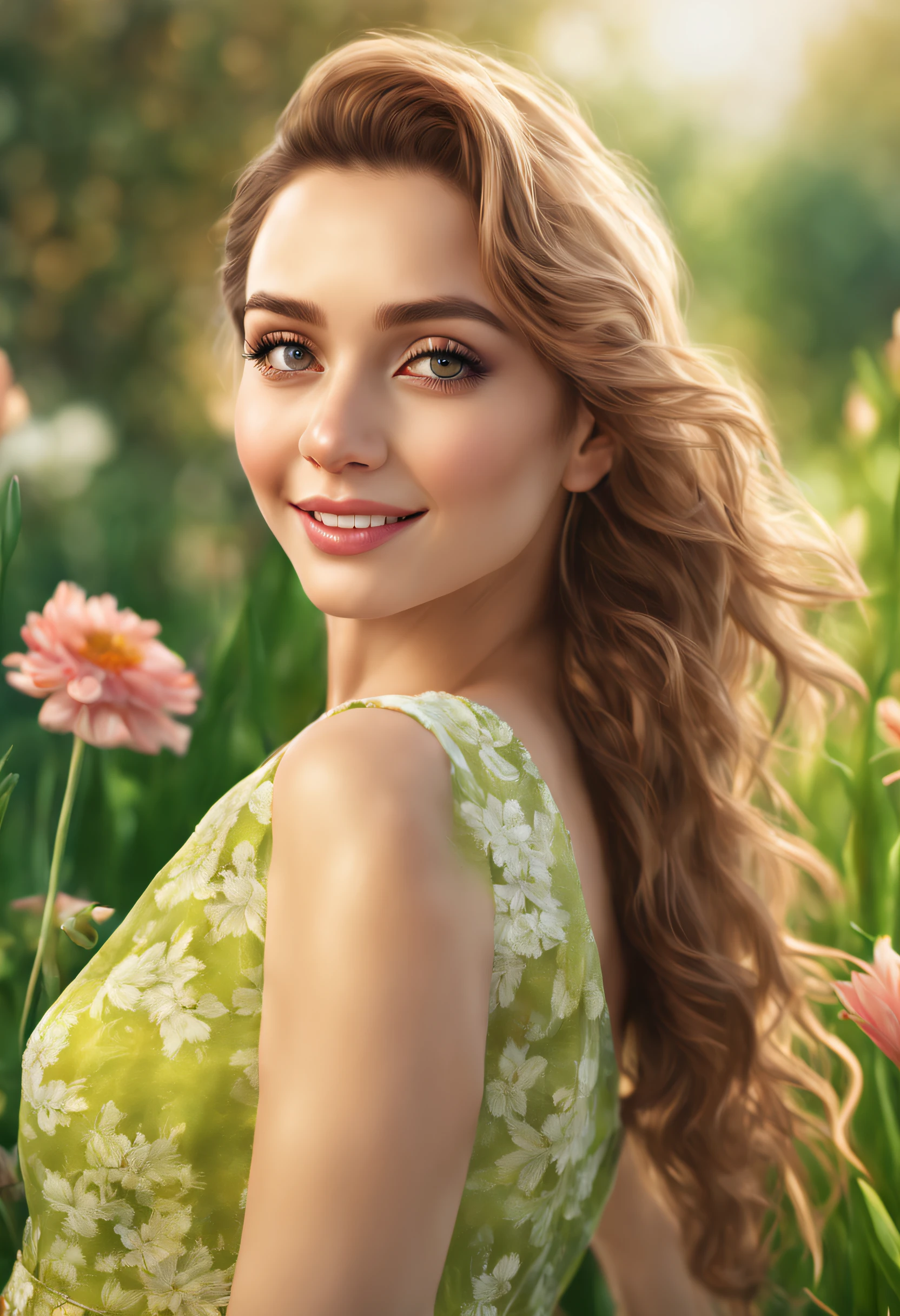 (best quality,4k,8k,highres,masterpiece:1.2),ultra-detailed,(realistic,photorealistic,photo-realistic:1.37),portrait,beautiful detailed eyes,beautiful detailed lips,extremely detailed eyes and face,long eyelashes,smiling girl,standing in a garden,green grass,flowers in bloom,fresh air and sunshine,beautiful dress with vibrant colors,joyful expression on her face,happy and carefree atmosphere,soft natural lighting,serene and peaceful ambiance,vivid color palette,warm and inviting tone