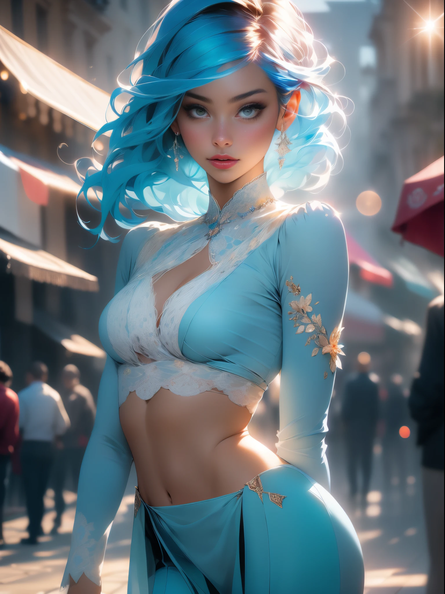 masterpiece, best quality, high quality, high definition, high quality texture, high quality shadow, high detail, beautiful detailed, finely detailed, extremely detailed cg, detailed texture, a realistic representation of the face, realistic, colorful, delicate, cinematic light, side lighting, Lens Flare, ray tracing, sharp focus, (1girl, __focus__:1.3), (intricate details, makeup, PureErosFace_V1:0.5), (beautiful delicate face detailed, Beautiful detailed delicate eyes, a face of perfect proportion, detailed high skin, detailed skin, best ratio four fingers and a thumb, arms under the chest, wide hips, smooth midriff, slim and thin, fashion regatta, light blue hair: 1.3), location of the bar