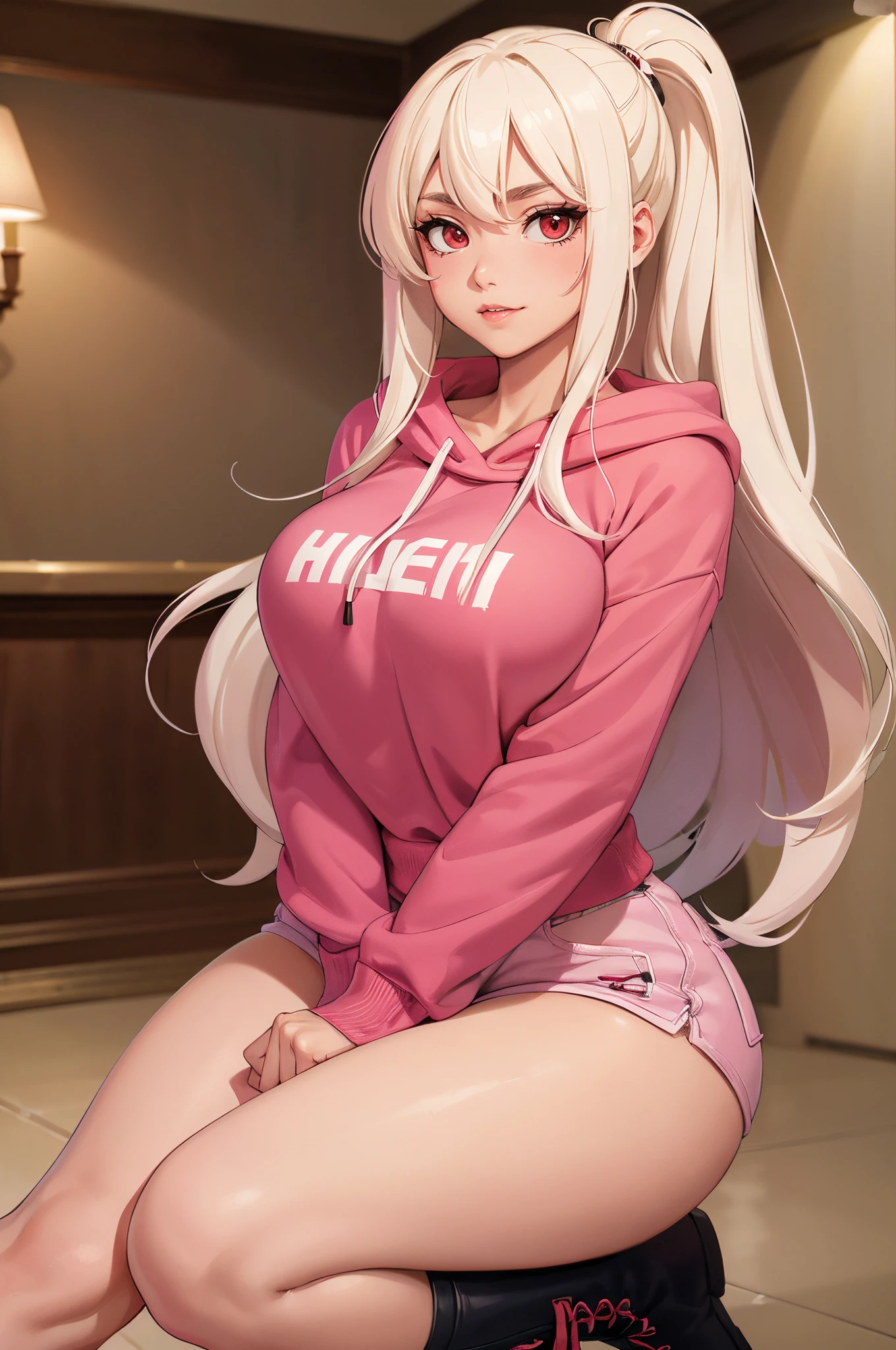 (Best Quality,Unparalleled Masterpiece:1.4),Ultra-Detailed CG 4K, is a 20-year-old college student. Beautiful face + Very large soft breasts + Slender waist + Wide hips  +thick/soft soft thighs + Large soft ass + Luscious lips. She has long straight platinum blonde hair and red eyes 
Outfit: oversized Pink hoodie:1.2 + Pink shorts + Black Boots