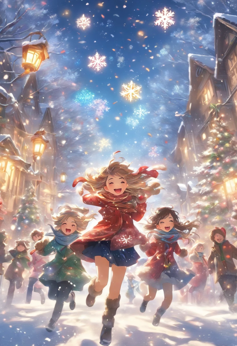 a beautiful winter scene。In the center of the picture is a tall Christmas tree,It is decorated with colorful lights and shining stars,radiates a warm。The tree is covered with various exquisite decorations,like gold and silver balls、Little red riding hood and gift box。 around the christmas tree,A group of cheerful children are having fun。They wear heavy coats,The snowflakes on my body haven’t completely melted yet。Children jumping and running with joy,With cheerful laughter echoing in the air。They held colored paper and pinwheels with Christmas designs in their hands,flying in the strong wind。 A strong cold wind howled in the sky,The wind makes the branches sway。White snowflakes are blown into the sky by the wind,forming a beautiful snow dance。In the background of this stormy celebration,And some red hats、Scarves and gloves fluttering in the wind,Adds to the festive atmosphere
