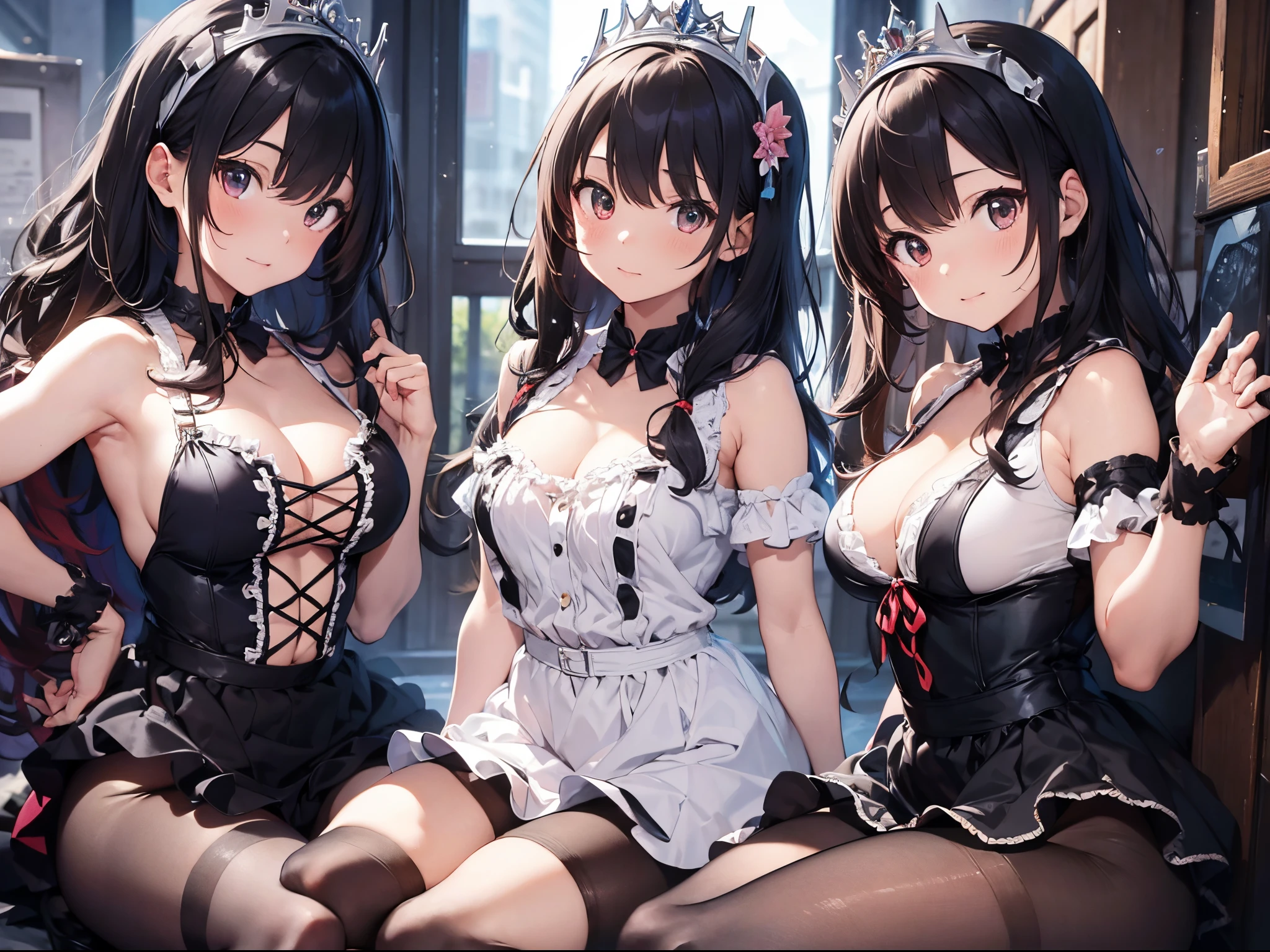 (Best Picture Quality, 4K, High Quality, Masterpiece:1.2), ((Masterpiece)), High Detail, High Quality, (HDR,16k, RAW Beautiful Girl Portrait, Best Picture Quality, Masterpiece::1. 2), (Ultra-Definition Illustration), nsfw, idolmaster, idol costume, , spotlight, extremely cute, colorful hair color, various hair style, sleeveless, detached sleeves, colorful frilled dress, tiara, stage, showing armpits, pantyhose, squatting, spread legs, open chest,
