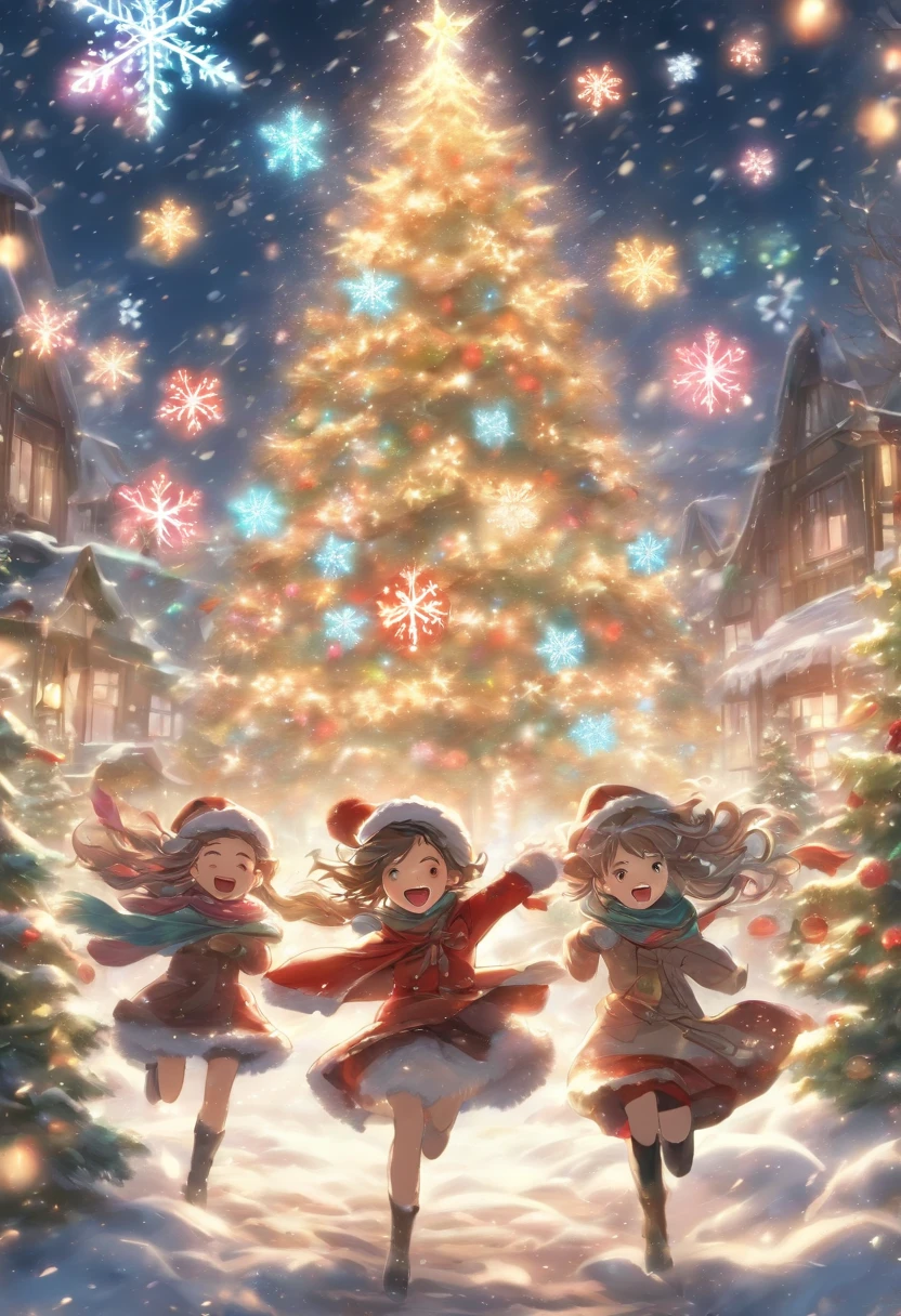 In the center of the picture is a tall Christmas tree，It is decorated with colorful lights and shining stars，radiates a warm。The tree is covered with various exquisite decorations，like gold and silver balls、Little red riding hood and gift box。 around the christmas tree，A group of cheerful children are having fun。They wear heavy coats，The snowflakes on my body haven’t completely melted yet。Children jumping and running with joy，With cheerful laughter echoing in the air。They held colored paper and pinwheels with Christmas designs in their hands，flying in the strong wind。 A strong cold wind howled in the sky，The wind makes the branches sway。White snowflakes are blown into the sky by the wind，forming a beautiful snow dance。In the background of this stormy celebration，And some red hats、Scarves and gloves fluttering in the wind，Adds to the festive atmosphere