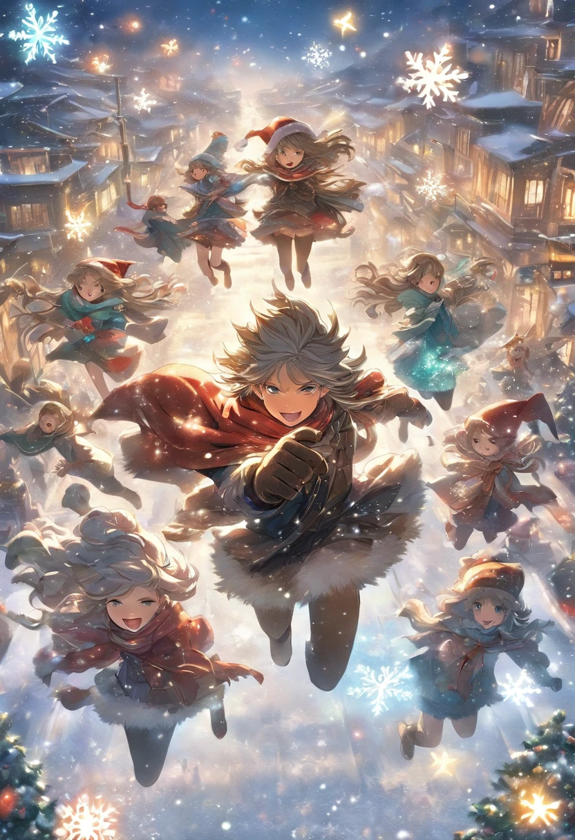 In the center of the picture is a tall Christmas tree，It is decorated with colorful lights and shining stars，radiates a warm。The tree is covered with various exquisite decorations，like gold and silver balls、Little red riding hood and gift box。 around the christmas tree，A group of cheerful children are having fun。They wear heavy coats，The snowflakes on my body haven’t completely melted yet。Children jumping and running with joy，With cheerful laughter echoing in the air。They held colored paper and pinwheels with Christmas designs in their hands，flying in the strong wind。 A strong cold wind howled in the sky，The wind makes the branches sway。White snowflakes are blown into the sky by the wind，forming a beautiful snow dance。In the background of this stormy celebration，And some red hats、Scarves and gloves fluttering in the wind，Adds to the festive atmosphere