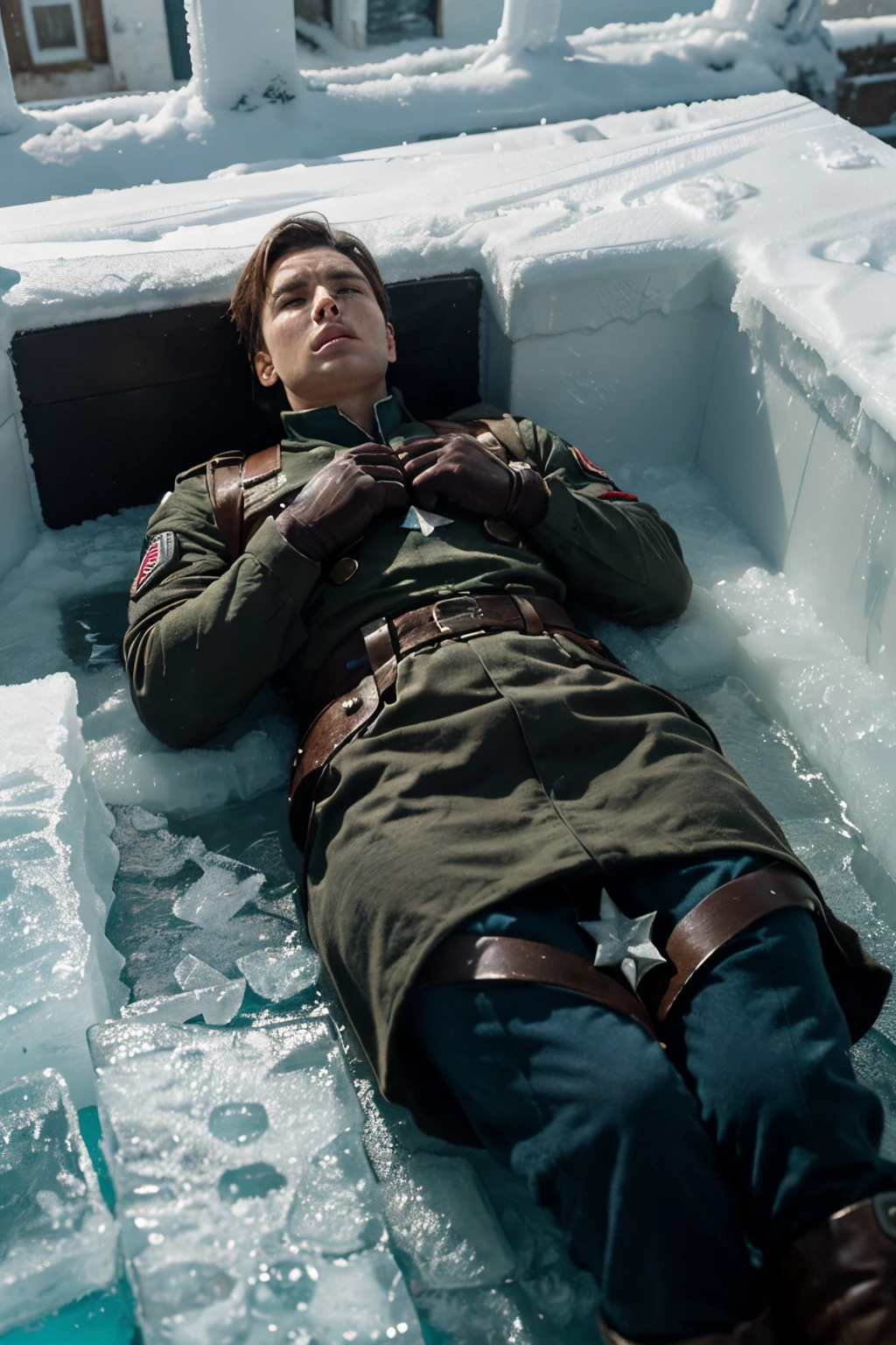 Image of Captain America frozen inside a block of ice, lying unconscious, during World War II. He is wearing his classic uniform of the era, complete with his battle shield. The scene should convey the feeling of preservation on ice, with visible details of the costume and shield. The setting should reflect the period of World War II, with attention to historical details, and soft colors. The image must be detailed and have 8k resolution.