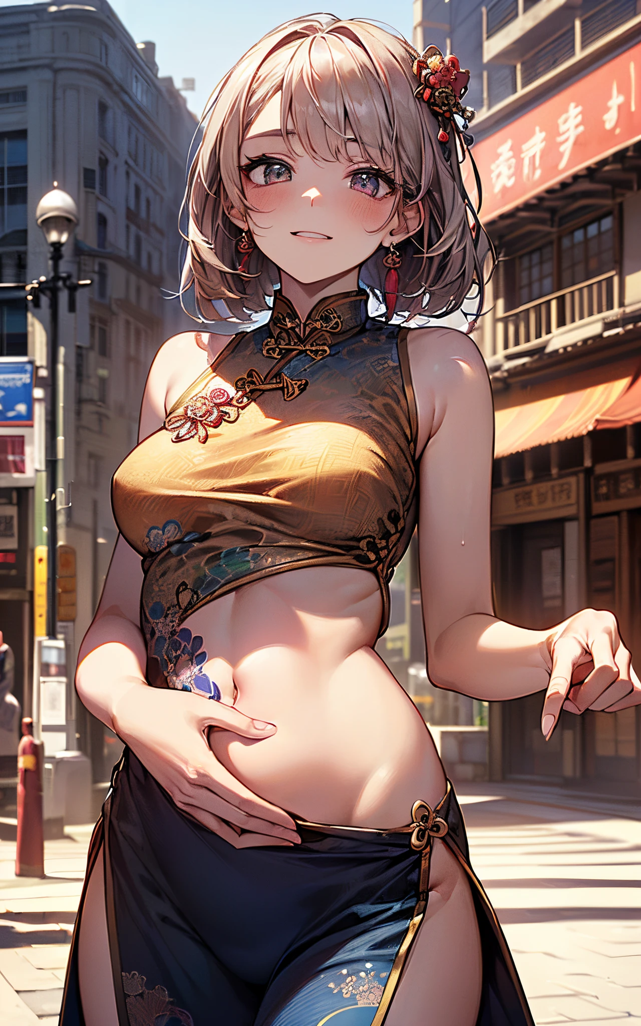 nsfw、(((Positive Focus))）、(((top-quality、hight resolution、​masterpiece、super precision、８K)))、(1人の女性)、(((extra detailed face)))、8 head body、
Colorful、Fine skin、Deep slit、
Beautie、Bright expression、A slight smil、red blush、plump eyes、Eyes sparkle、
(((Luxury cheongsam)))、(breasts are small)、
（Real-life background）、(Will)、Japan Downtown、daytime、Crowds、kirakira、Street corner in autumn、
Watching the viewer、
(Untying hair)、(((hair adornments)))、(Hide your fingertips)、(((Refers to 5 books)))、
(Composition looking up from a low position)、