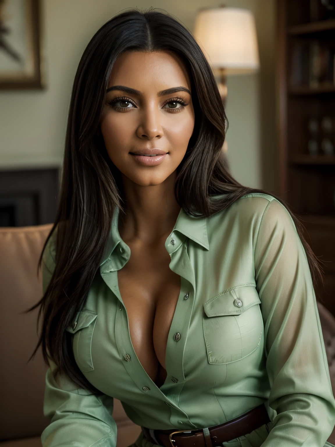 Foto hiperrealista en primer plano de Kim Kardashian , masterpiece, best quality, (photorealistic:1.4), full body, (light green luxury long button-up shirt :1.1), living room, cinematic light, beautiful woman, skinny, large breastsr, straight hair, detailed face, smile, photo taken from a distance