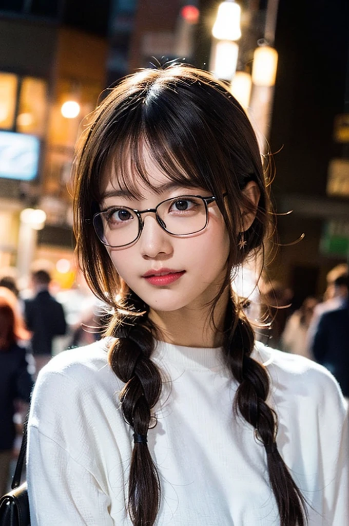 (8K、Raw photography、top-quality、​masterpiece:1.2)、(realisitic、Photorealsitic:1.37)、ultra-detailliert、超A high resolution、女の子1人、see the beholder、beautifull detailed face、A smile、Constriction、(Slim waist) :1.3)、White summer clothes、Beautiful detailed skin、Skin Texture、Floating hair、Braided hair、Professional Lighting、Downtown at night、((Black square glasses )) 、Whole human body、Brown hair