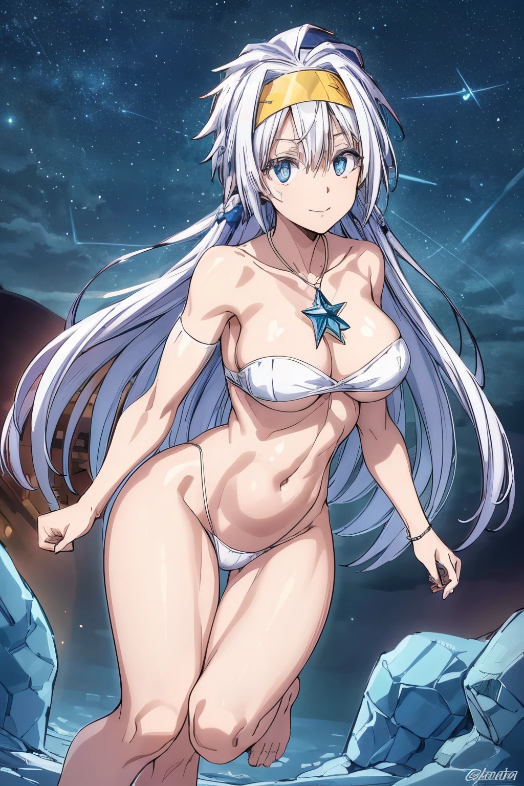 (1 ), (((Velzard de tensei shitara slime datta ken))), Ela tem pele clara, olhos da cor de diamantes azuis e cabelos longos e brilhantes, Pearl-White, reaching up to the waist, (((She wears a blue star-shaped pendant and a gold headband))), (wears a very short black bikini), seios grandes, thin arms, (barriga musculosa), (((pernas musculosas))),(standing on her feet), cintura fina, bare feet and very detailed, beautiful feet and well-shaped toes, (((night beach scenery with starry sky and blood moon in the sky))), cabelos amarrados em rabos-de-cavalo duplos, olhos vazios, olhos vazios, olhos vazios, reflexo dos olhos, olhos brilhantes, mau humor, anime, estilo anime, ray tracing, cinematic lighthing, panorama , Sony FE, UHD, obra-prima, anatomicamente correto, super detalhe, alta qualidade, melhor qualidade, alta resolução, 16k