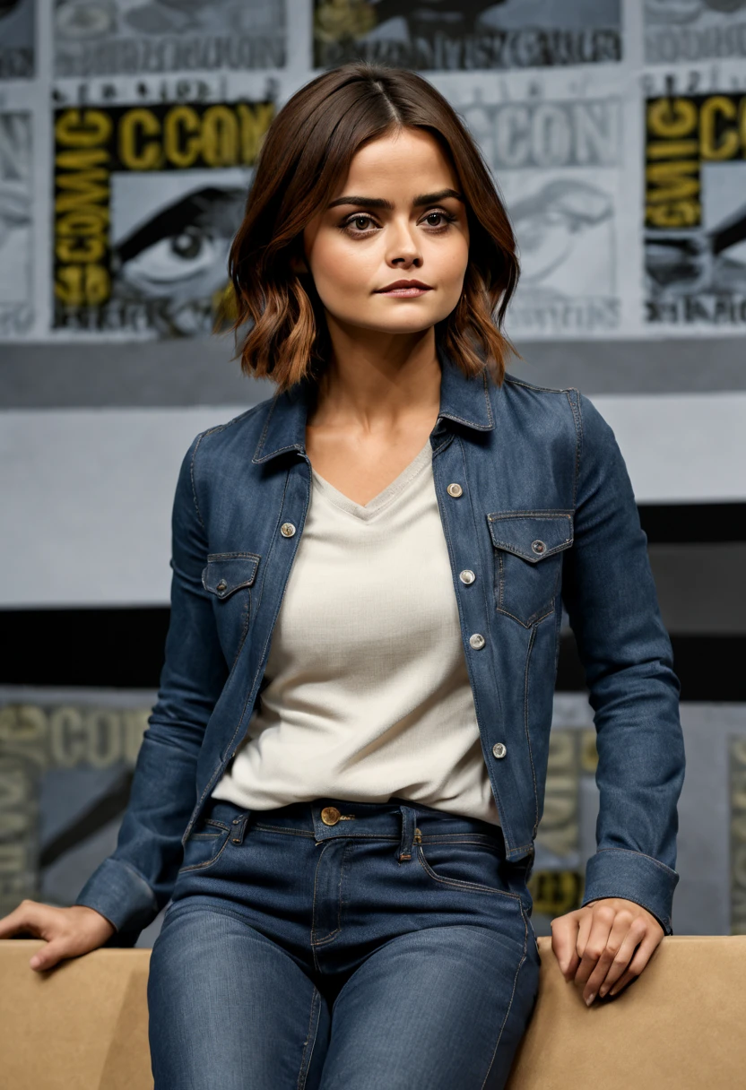 Jenna Coleman (Jenna Coleman) Photo of sitting on a Comic-Con panel, (Wear jeans and a skinny shirt),(Chopping), Extremely high quality RAW photos, detailedbackground, iintricate, Exquisitedetailsandtextures, The is very detailed, hyperedetailed photo, warmly lit, art stations, 4K, Focus sharp, A high resolution, Delicate skin, 詳細な目, 8k ultra high definition, SLR camera, high qulity, filmgrain, 富士XT3,