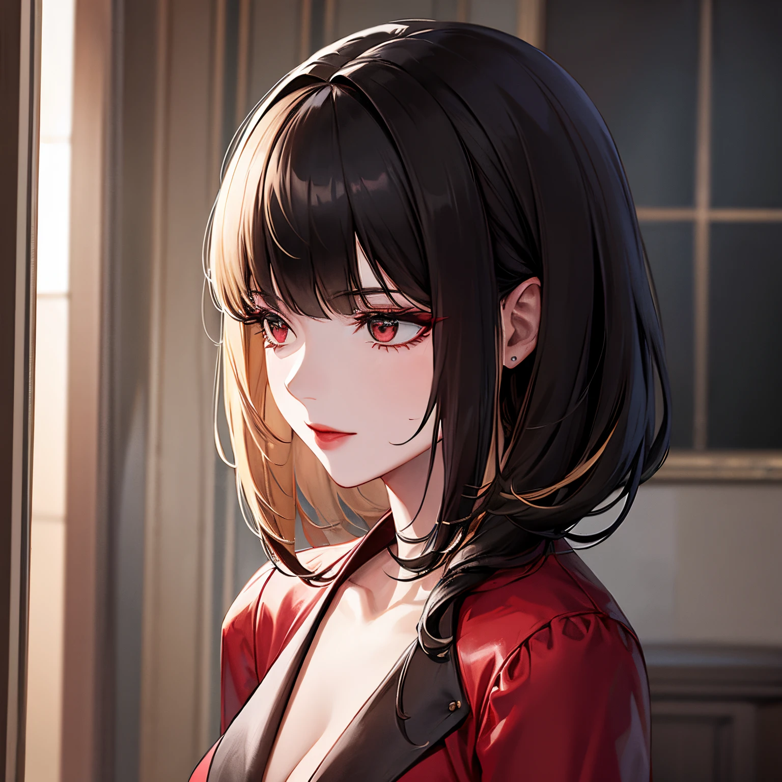 Woman, Shoulder-length black hair with styling back, blonde Front Strands, dark red suit, scarlet lipstick