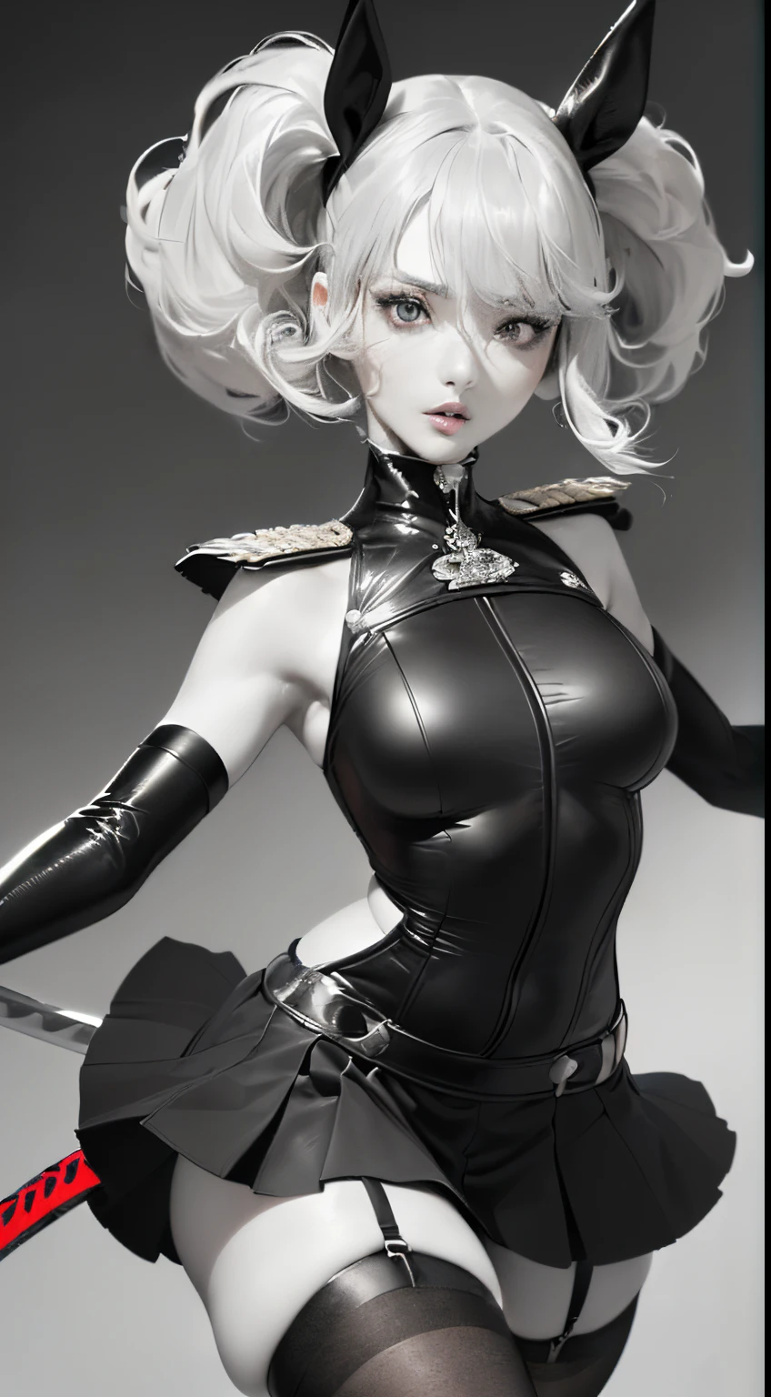 masterpiece、top-quality、High-quality images、hight resolution、8K、1lady、detaileds、Detailed eye depiction、Photorealsitic、skin gloss、Lustrous hair、colourfull、portlate、((Very Short Bob、poneyTail、Hair disheveled in the wind、Narrow-eyed、rather thick lips、Beautiful well-groomed face、tiny body:1.42))、full body Esbian、 ((crimson military uniform、Black miniskirt、Black sheer stockings、glares、Kamimei、sharp gaze:1.35))((Sprint、Sense of speed、Run-up、Forward leaning position、Approach with one jump:1.48))((One sword、I swing my sword with all my might:1.5))((Grayscale background:1.3))white flame