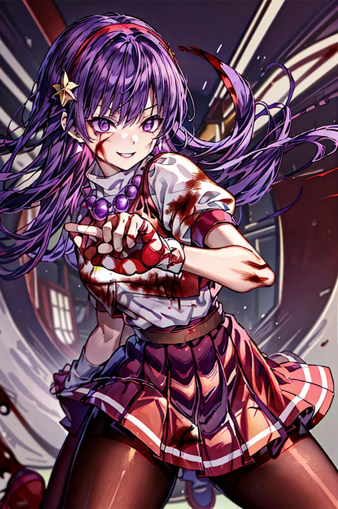 (masterpiece)、(highest quality)、(super detailed)、intricate details、athena 97、(1 girl)、solo、purple eyes、purple hair、hair length、white earrings、red hair band、star hair ornament、Medium breathing、red vest、white turtleneck、White Puff Sleeves、short sleeve、red pleated skirt、(Crimson pantyhose:1.2)、black pantyhose、yellow belt、purple spherical necklace、red fingerless gloves、white short socks、red shoes、evil smile、NSFW、cowboy shot、In the ruins、anime style、(Blood on the face:1.6)、(combat readiness:1.6)、hypnorolla、
empty eyes、full body,