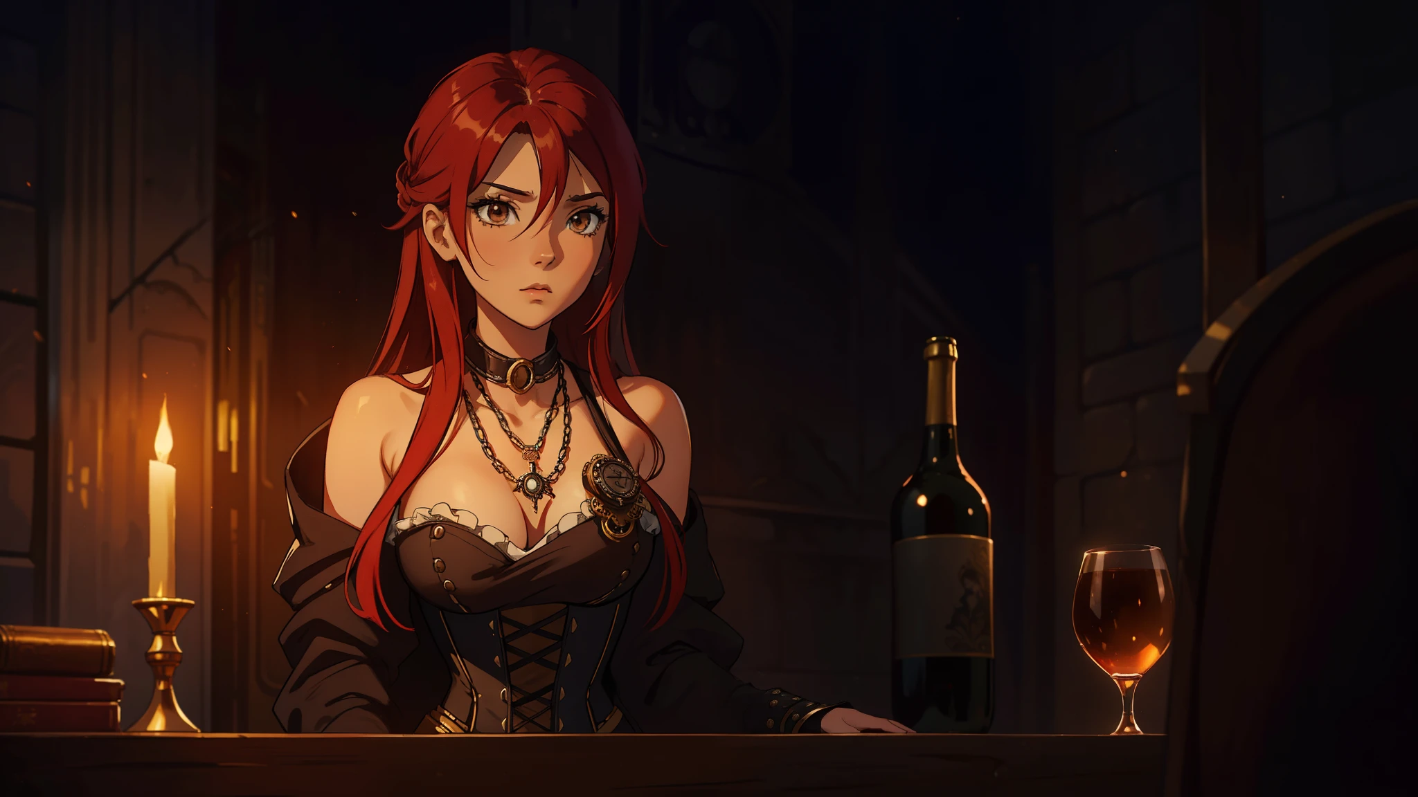Erza Scarlet is one of the main characters in the series. The young woman with scarlet hair and brown eyes is described as an amazing woman, very strict and who does not admit when others make mistakes. She's a slender, Figura elegante com curvas bem desenhadas. Her most common attire consists of a corset with custom-made laces, a pair of black pants, Botas pretas e brincos em forma de diamante, in high resolution, circunstanciado ((melhor qualidade)) ((sentada em uma cadeira)) ((Steampunk)) ((vinho)) Ela esta bebendo um copo de vinho.