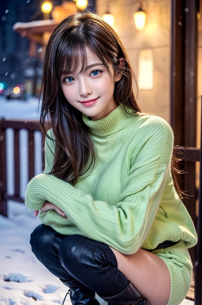 (masutepiece:1.3, Photorealsitic:1.4, 8K), top-quality, masterpiece, 超A high resolution, Perfect dynamic composition, Highly detailed skin and facial texture:1.3, A detailed eye, Detailed limbs, It's snowing:1.2, Snowy landscape at night:1.2, 1girl in, Cute sexy 22 year old slim woman, Fair skin, tilt the neck, ((voluptuous breasts:0.9), ((A smile:0.9, Totally captivates you:1.1)), ((Chester coat worn:1.0)), (Wearing a yellow-green long-sleeved turtleneck sweater:1.1, a miniskirt), Short boots, (Facing the front, Squat with your knees bent), (Beautiful blue eyes, Eyes that feel beautiful eros:0.85), Sexy face:0.4, (A mouthfeel that feels beautiful eros:0.85), ((Too erotic:0.9))