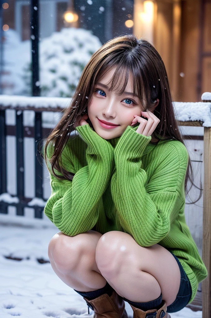 (masutepiece:1.3, Photorealsitic:1.4, 8K), top-quality, masterpiece, 超A high resolution, Perfect dynamic composition, Highly detailed skin and facial texture:1.3, A detailed eye, Detailed limbs, Winters, snowflakes falling:1.2, Snowy landscape:1.2, 1girl in, Cute sexy 22 year old slim woman, Fair skin, tilt the neck, ((A smile:0.9, Totally captivates you:0.9)), (coat:1.4, Yellow-green long sleeve turtleneck sweater:1.3, High waist mini skirt:1.1), ((voluptuous breasts:0.9)), Short boots, (Facing the front, Squat with your knees bent), (Beautiful blue eyes, Eyes that feel beautiful eros:0.85), Sexy face:0.4, (A mouthfeel that feels beautiful eros:0.85), ((Too cute beauty:0.9))