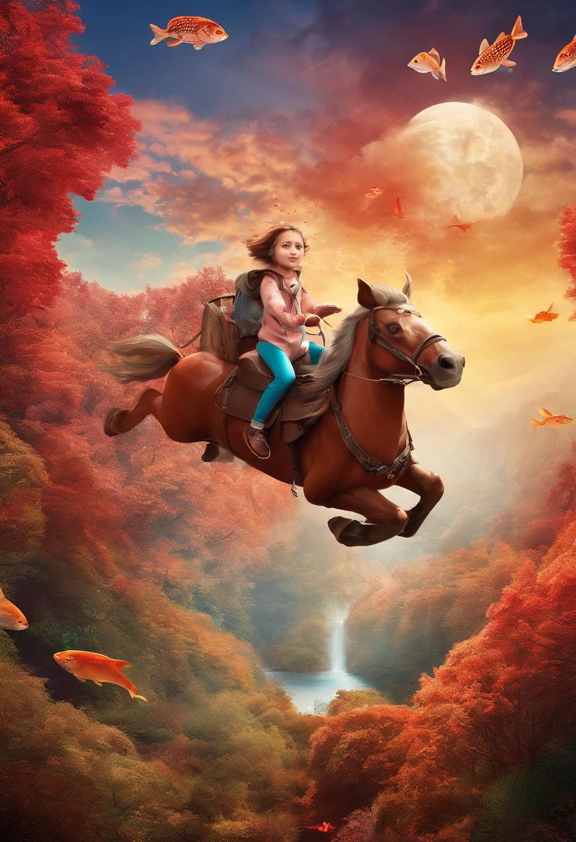 Very beautiful boy and girl respectively riding on fish and flying in the air in the red forest 3D，Large depth of field perspective，Dreamism，Vivid effects and details，Excellent picture quality，A high resolution