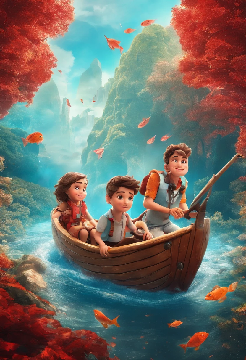 Very beautiful boy and girl respectively riding on fish and flying in the air in the red forest 3D,Large depth of field perspective,Dreamism,Vivid effects and details,Excellent picture quality,A high resolution