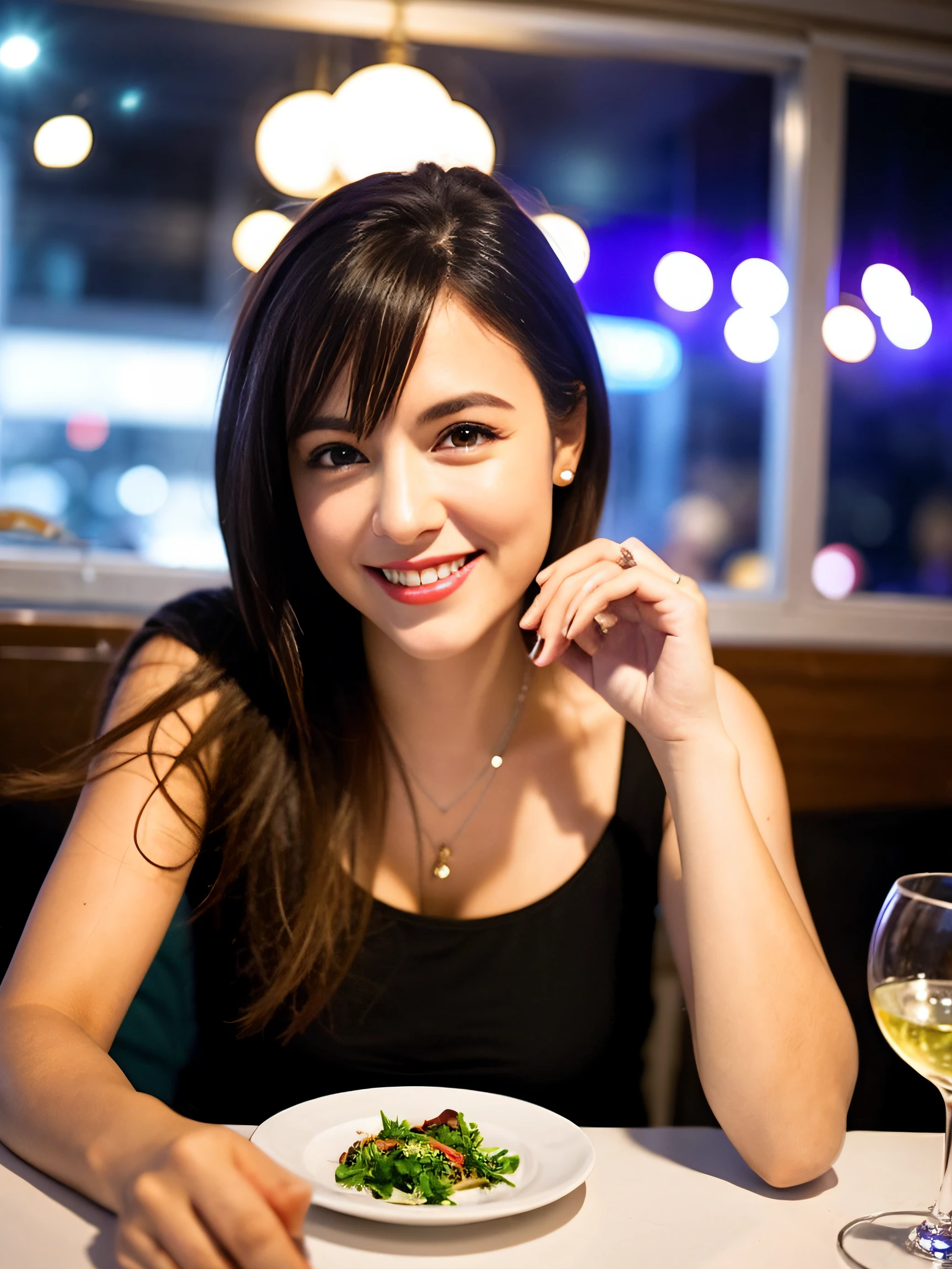 (64K, UHD, top quality, masterpiece: 1.2), (realistic, photorealistic: 1.37), super detailed, pretty woman 1 person, (slim face), (slim body), (brown hair), (short cut), cheeks slightly blushing, (42 years old), 38 years old, solo, beautiful detailed urban night view outside the window, restaurant, wine glasses sit, night, in a prominent place (from the waist up) NovaFrogStyle, Actress, Model, Waist Up, White Wine, Slim, Wine Glass, Super Clean Night View, Wine Glass Put in the Middle, Happy Smile, (Smile: 1.15), Beautiful Fine Eyes, Upper Body, Bust Japan Up, Night, Short, Short, Actress, Model, Waist Up, White Wine, Slim, Wine Glass, Super Clean Night View, Wine Glass Put in the Middle, Happy Smile,