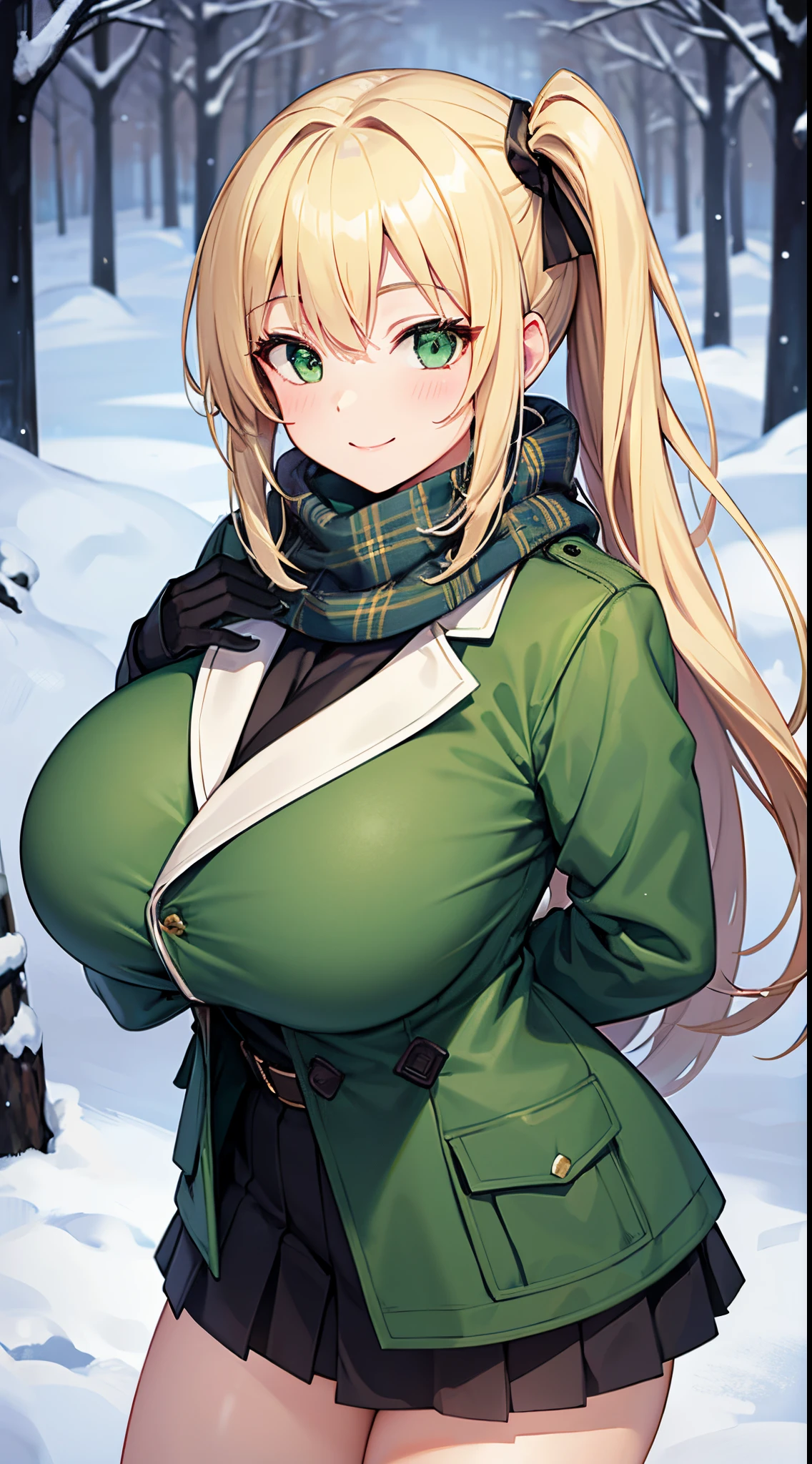 1 girl, game, green winter coat, winter scarf, gigantic breasts, blonde, middle hair, side ponytail, green eyes, smile,