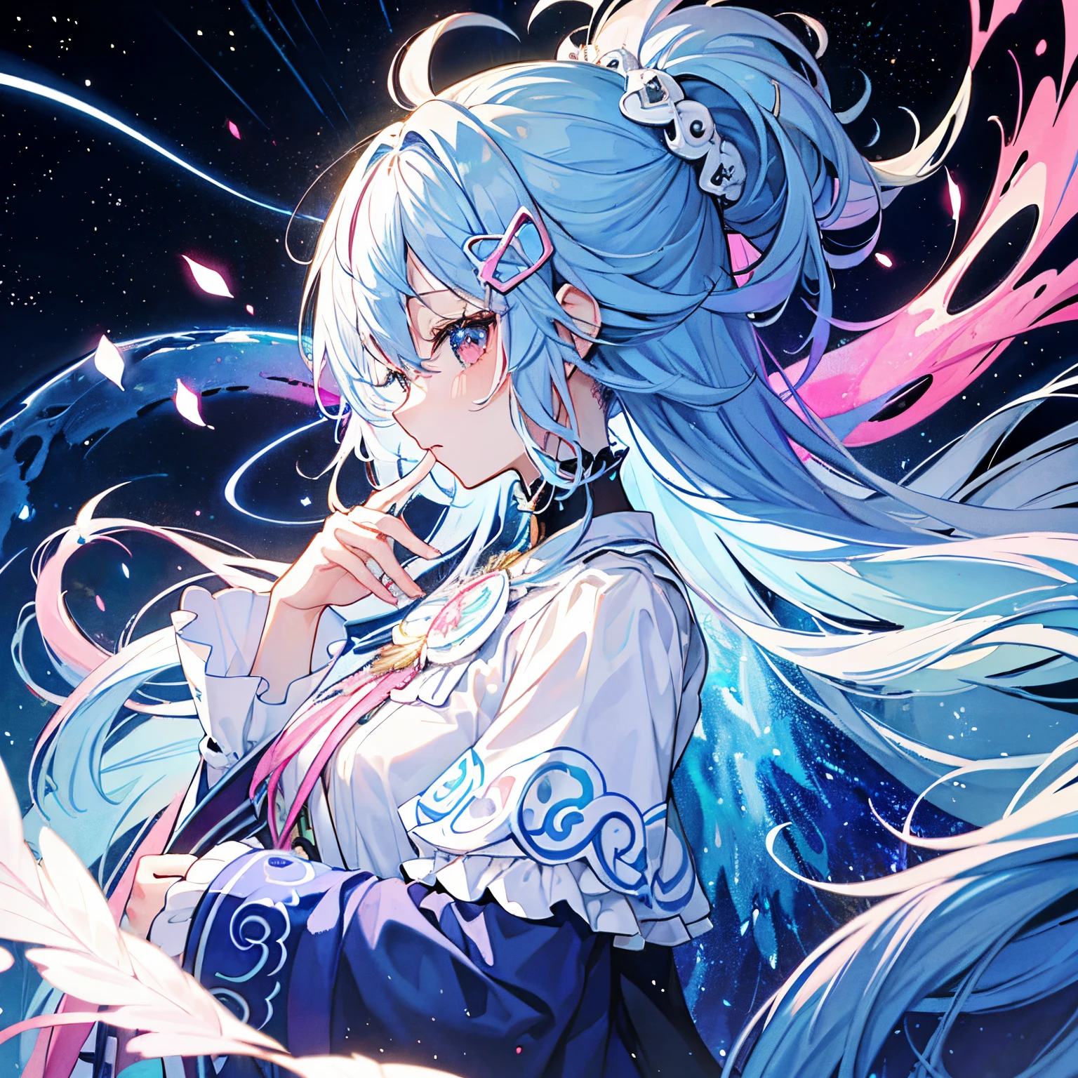 (​masterpiece、top-quality、top-quality、watercolor paiting(afro), Official art、Beautifully Aesthetic:1.2)、(1girl in:1.3)、(Fractal Art:1.3)、The upper part of the body、From Side、looking at the viewers、patterns、(blue hairs、colourful hair、Half blue and half pink hair:1.2)、Eau、liquids、云、colourfull、starrysky、stele、Splashes of bright colors