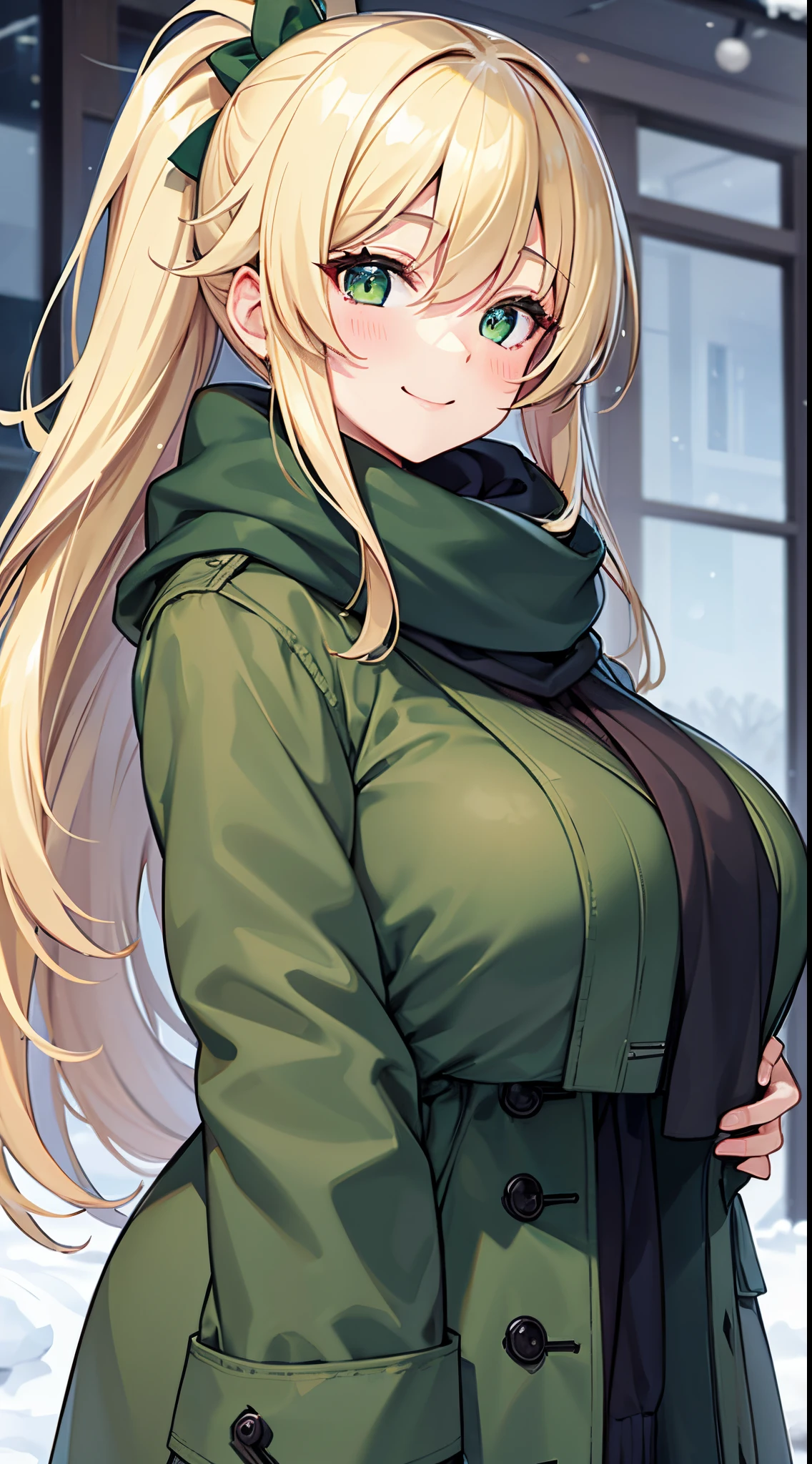 1 girl, game, green winter coat, winter scarf, gigantic breasts, blonde, middle hair, side ponytail, green eyes, smile,