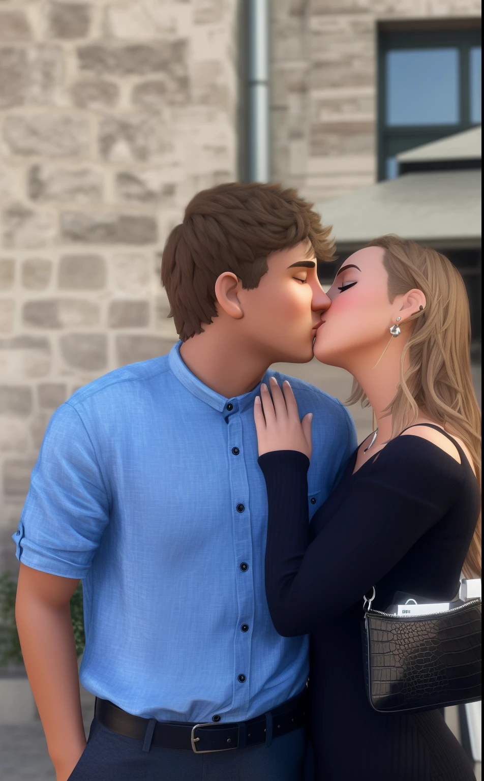 they are kissing each other outside in front of a building, kissing together cutely, jordan grimmer and natasha tan, Cartoon character of a couple, animation character, Caractere estilizado, animation style rendering, 3D estilizado, Arnold Maya render, 3 d render stylized, toon render keyshot, Personagem 3D, Personagem 3D, 3d rendering stylized, 3 d character render, personagem de desenho animado, Personagem de close up, Pose de personagem, (Estilo Pixar) (master part:1.2) (Bokeh) (best quality)