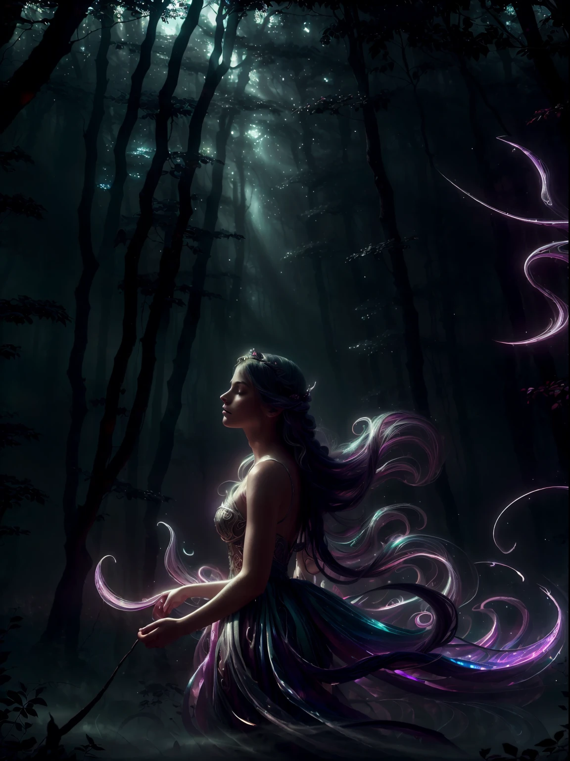 (best quality,ultra-detailed,realistic:1.37),magical world,magic everywhere,naked girl covered in magic,very beautiful,detailed everything,illustration,soft lighting,vibrant colors,fantasy,subtle colors,ethereal,Aurora Borealis,fairy tale,glowing lights,sparkling stars,mysterious,breathtaking scenery,enchanted forest,whimsical creatures,floating islands,mystical atmosphere,serene ambiance,surreal,ethereal,harmonious,tranquil,spellbinding,shimmering,magical elements,delicate brushstrokes,glowing magical orbs,light and shadow play,serenity, (4k,8k,highres, masterpiece:1.2), ultra-detailed, (realistic, photorealistic, photo-realistic:1.37), magic, magical flying train, very beautiful girl, magic around, fantasy, illustration, vivid colors, enchanting atmosphere, ethereal light, surreal, dreamlike, mystical landscapes, mesmerizing, whimsical details, floating objects, captivating scene, darkness,shadowy girl,mysterious atmosphere,detailed eyes,long flowing hair,twilight setting,moonlight,subtle highlights,intense contrast,eerie vibes,gloomy scene,nighttime whispers,surreal ambiance,ethereal beauty,dreamlike,haunting,dramatic lighting,artistic rendering", ((very crazy clothes)), (((corrupted ex-prinsess))), (())